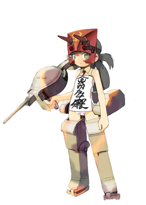 kuuro kuro, original, vehicle, 1girl, black hair, child, female focus, horns, long hair, mask, mecha musume, military, military vehicle, motor vehicle, oni, simple background, solo, tank, weapon