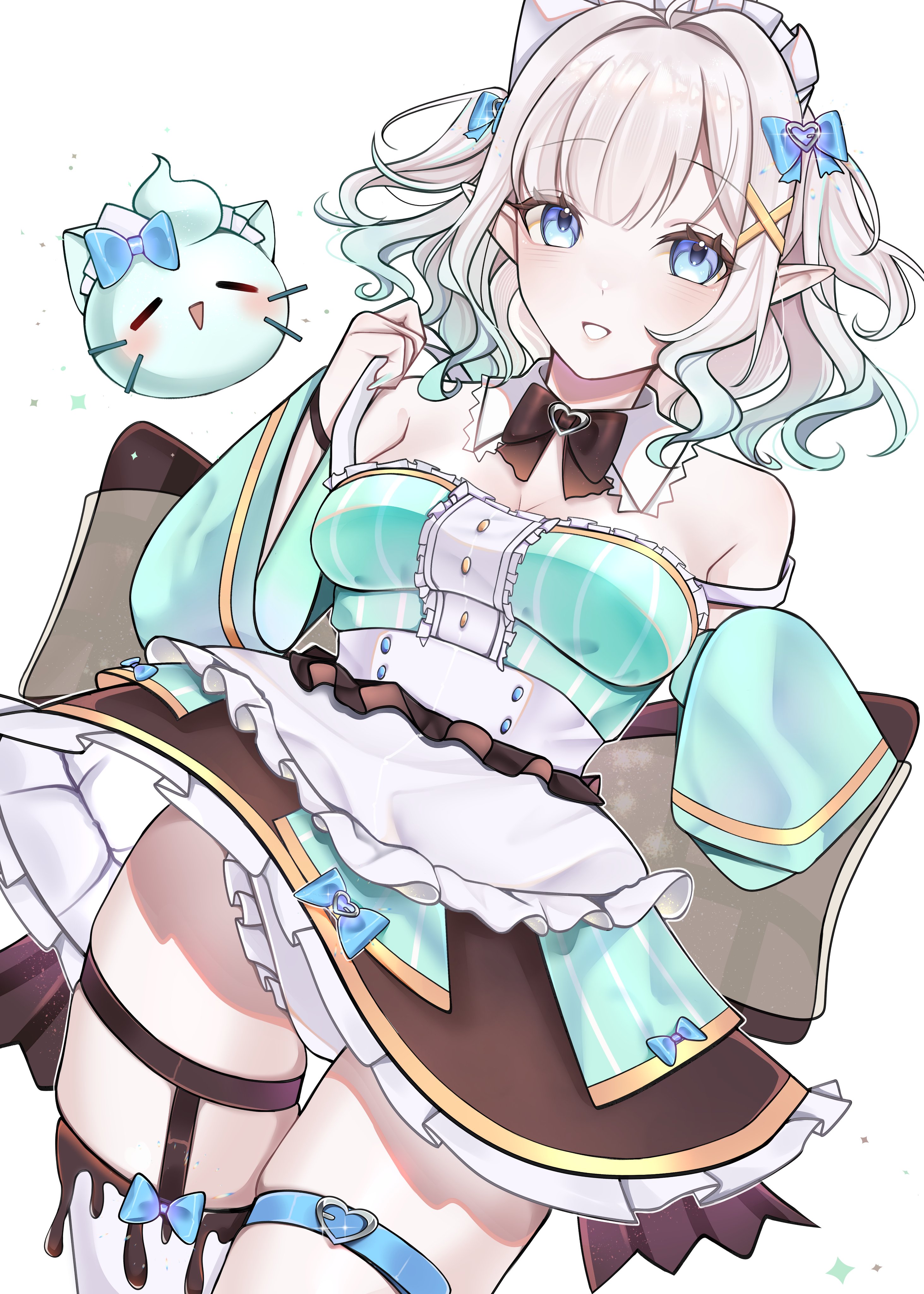 rosheil, mint fantome, indie virtual youtuber, absurdres, commentary, highres, 1girl, black bow, black bowtie, black skirt, blue bow, blue eyes, bow, bowtie, breasts, clothes lift, cowboy shot, detached collar, dress, dutch angle, frilled dress, frilled skirt, frills, gradient hair, green dress, green sleeves, hair bow, hair ornament, long sleeves, looking at viewer, maid headdress, medium breasts, miniskirt, multicolored hair, open mouth, panties, parted bangs, pointy ears, short hair, simple background, skirt, skirt lift, smile, solo, thigh strap, thighs, two side up, underwear, virtual youtuber, white background, white hair, white panties, wind, wind lift, x hair ornament