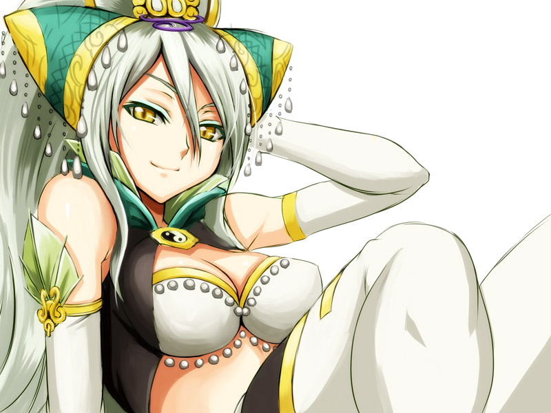 syunzou, nu wa, musou orochi, silver hair, 1girl, breasts, brown eyes, cleavage, elbow gloves, female focus, gloves, long hair, smile, solo, thighhighs, white thighhighs