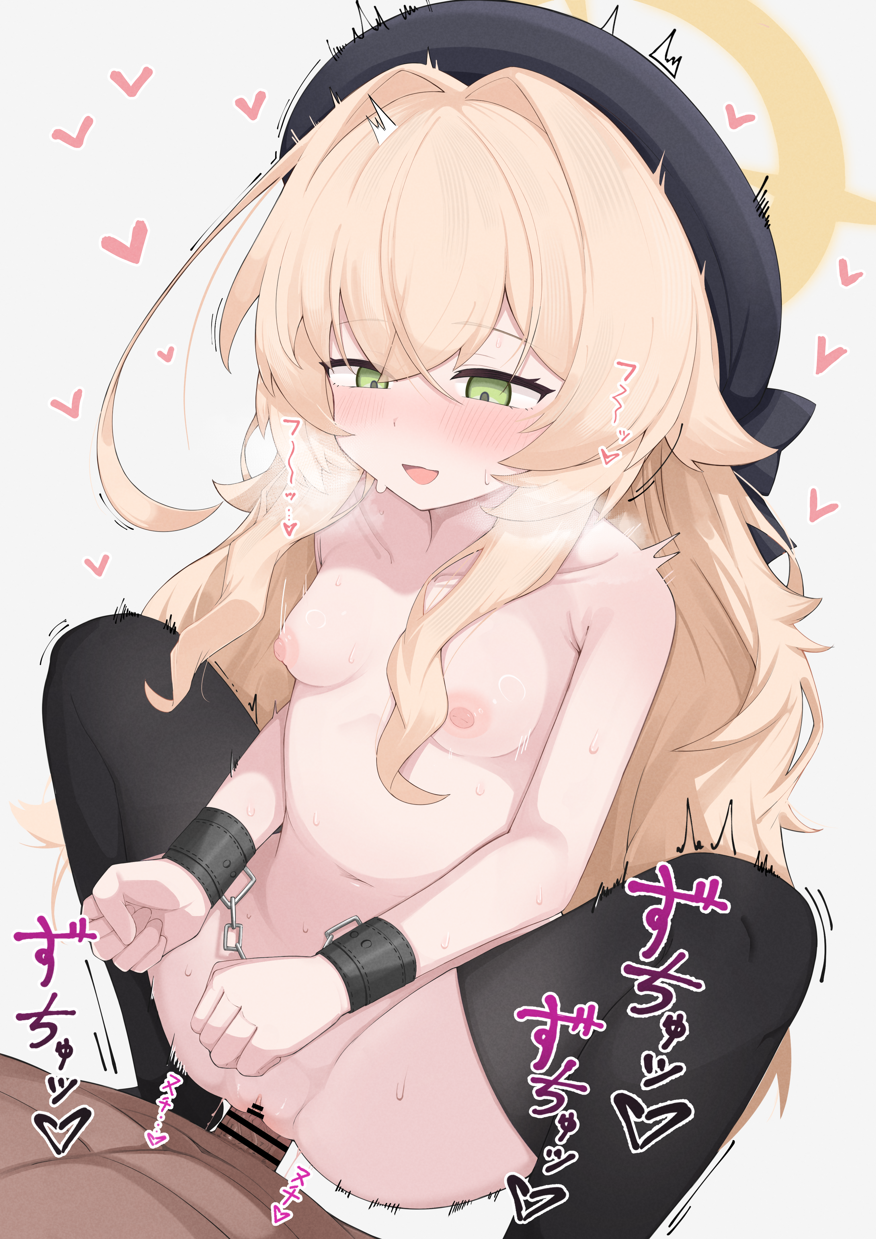 sugarplus, professor niyaniya (blue archive), blue archive, absurdres, commentary request, highres, variant set, 1boy, 1girl, bar censor, bdsm, black hat, black thighhighs, blonde hair, blush, bondage, bound, bound wrists, breasts, censored, cowgirl position, green eyes, hair intakes, half-closed eyes, halo, happy sex, hat, heart, hetero, long hair, motion lines, nipples, nude, open mouth, penis, pussy, sex, simple background, small breasts, smile, solo focus, sound effects, squatting cowgirl position, straddling, sweat, thighhighs, vaginal, very long hair, white background, yellow halo