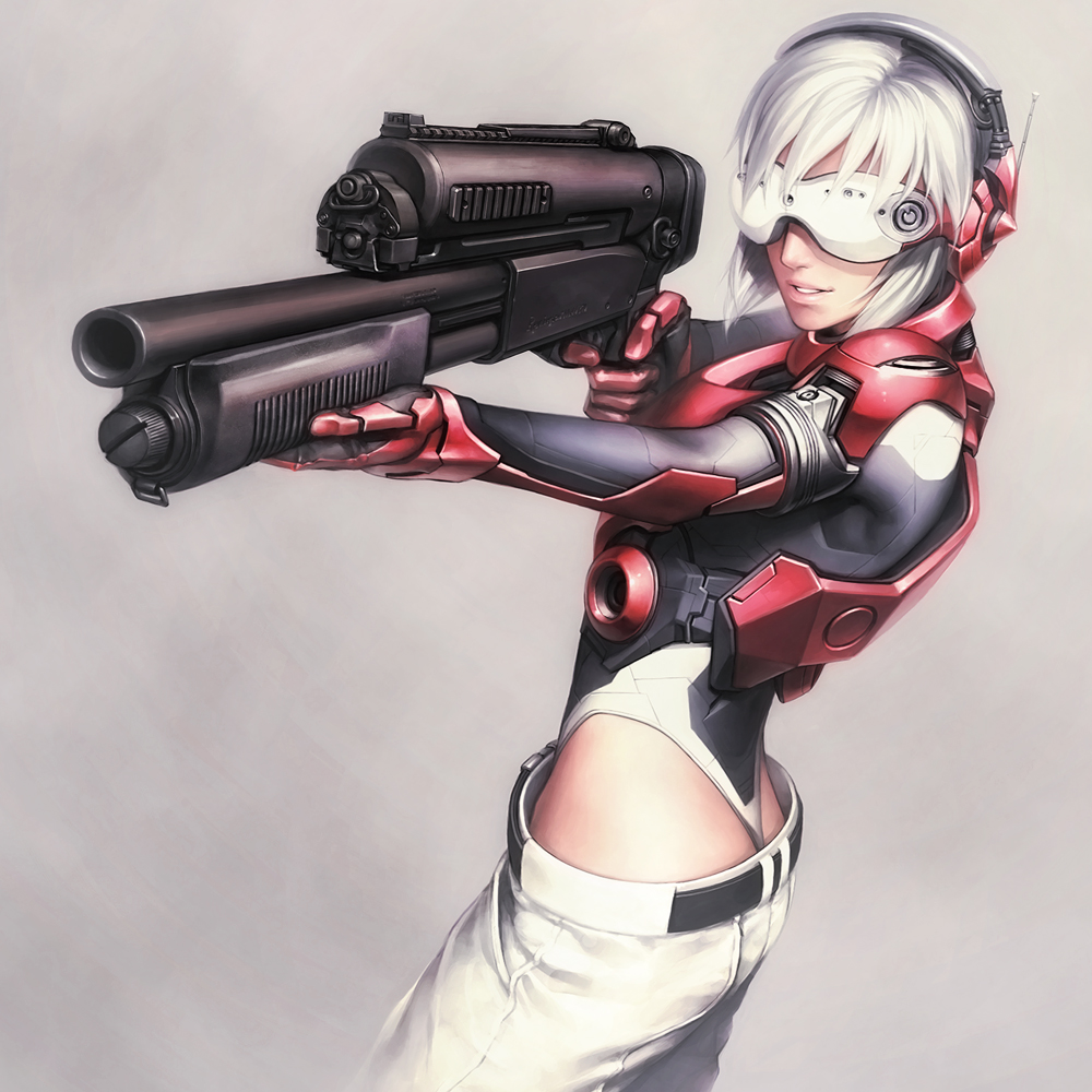 iwai ryou, kusanagi motoko, ghost in the shell, original, 1girl, alternate hair color, armor, ass, belt, female focus, gloves, goggles, gradient background, gun, head-mounted display, headset, highleg, highleg leotard, leotard, lips, pants, pump action, radio antenna, short hair, shotgun, shoulder pads, simple background, solo, weapon, white hair