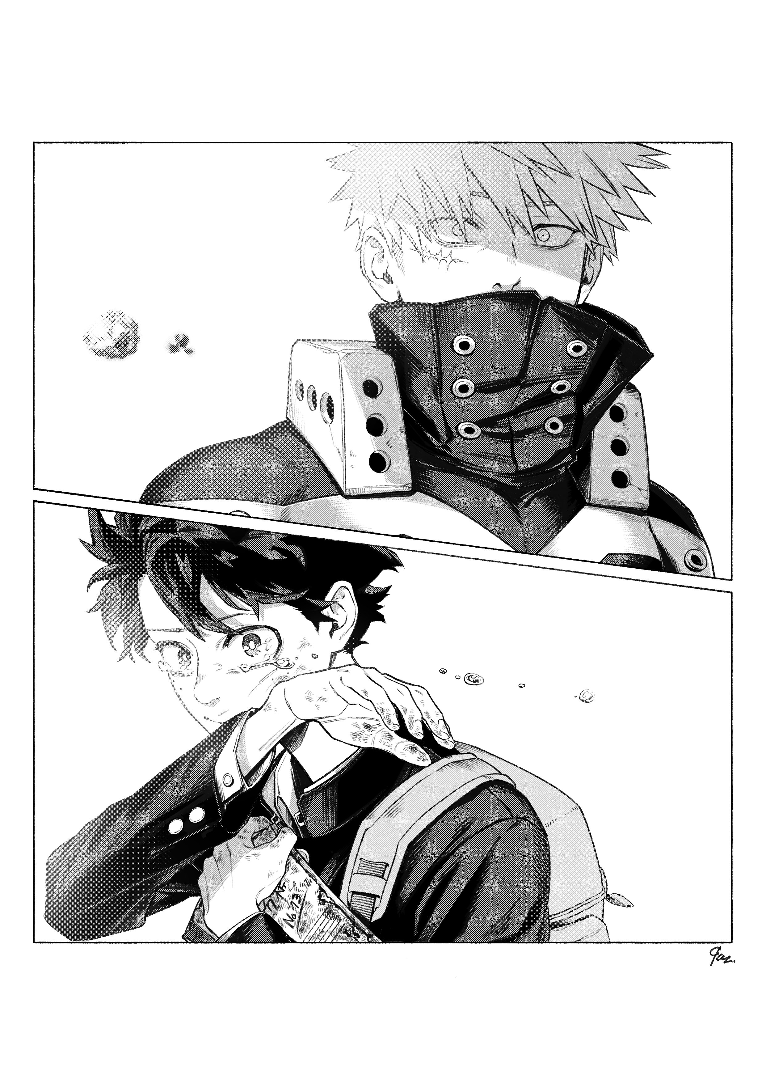 bakugou katsuki, midoriya izuku, boku no hero academia, absurdres, commentary request, highres, 2boys, 9 a zq, arm up, arms up, backpack, bag, buttoned cuffs, buttons, closed mouth, covered mouth, crying, dirty, dirty face, dirty hands, facial scar, flying teardrops, gakuran, greyscale, hair between eyes, long sleeves, male focus, monochrome, multiple boys, scar, scar on cheek, scar on face, school uniform, short hair, spiked hair, superhero costume, tears, time paradox, wide-eyed, wiping tears