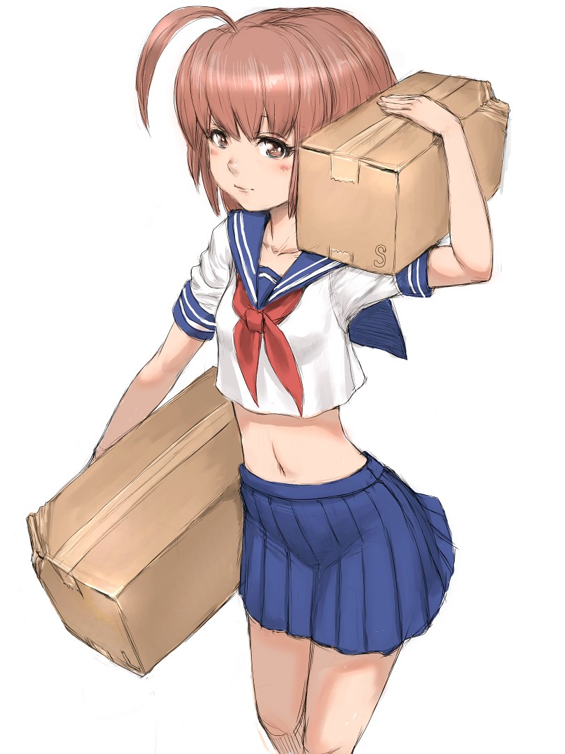 fumio (rsqkr), 1girl, ahoge, blush, box, brown eyes, brown hair, cardboard box, carrying, carrying over shoulder, carrying under arm, crop top, female focus, flat chest, midriff, pleated skirt, school uniform, serafuku, short hair, simple background, skirt, solo