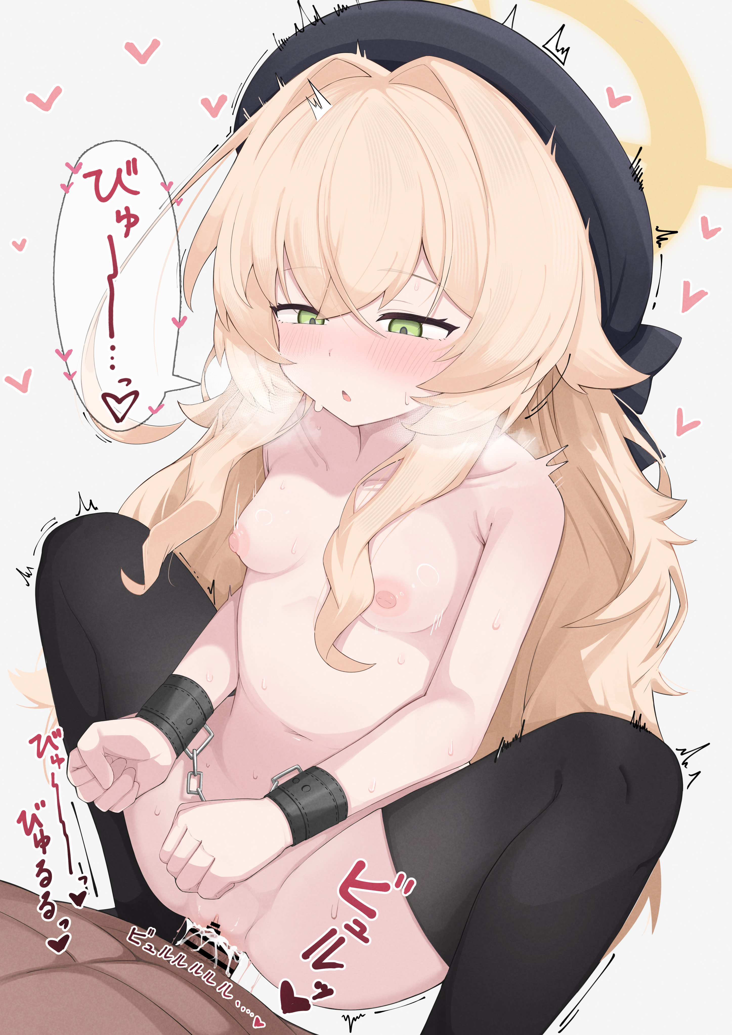 sugarplus, professor niyaniya (blue archive), blue archive, absurdres, commentary request, highres, variant set, 1boy, 1girl, bar censor, bdsm, black hat, black thighhighs, blonde hair, blush, bondage, bound, bound wrists, breasts, censored, cowgirl position, cum, cum in pussy, cum overflow, ejaculation, green eyes, hair intakes, half-closed eyes, halo, hat, heart, hetero, long hair, nipples, nude, parted lips, penis, pussy, sex, simple background, small breasts, solo focus, sound effects, squatting cowgirl position, straddling, sweat, thighhighs, vaginal, very long hair, white background, yellow halo