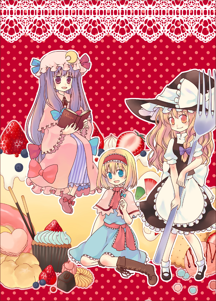 siva, alice margatroid, kirisame marisa, patchouli knowledge, touhou, 3girls, blonde hair, blue eyes, book, braid, cupcake, female focus, food, fork, fruit, hairband, hat, in food, long hair, mini person, minigirl, multiple girls, purple eyes, purple hair, short hair, strawberry, witch, witch hat, yellow eyes