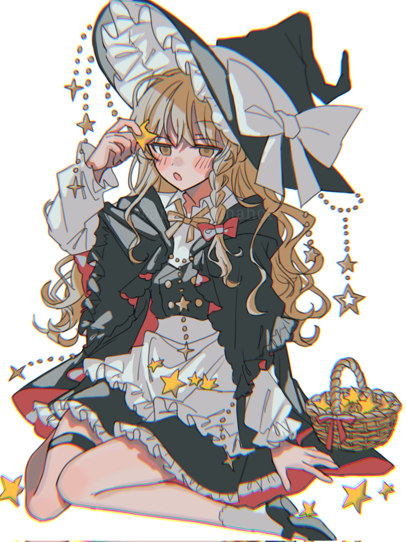 amatukimahoro, kirisame marisa, touhou, commentary request, highres, 1girl, apron, basket, black capelet, black shoes, black skirt, black vest, blonde hair, blush, braid, capelet, frills, hair ribbon, hat, legs, long hair, long sleeves, parted lips, ribbon, shirt, shoes, sitting, skirt, socks, solo, star (symbol), thigh strap, thighs, vest, wariza, white background, white shirt, white socks, witch hat, yellow eyes