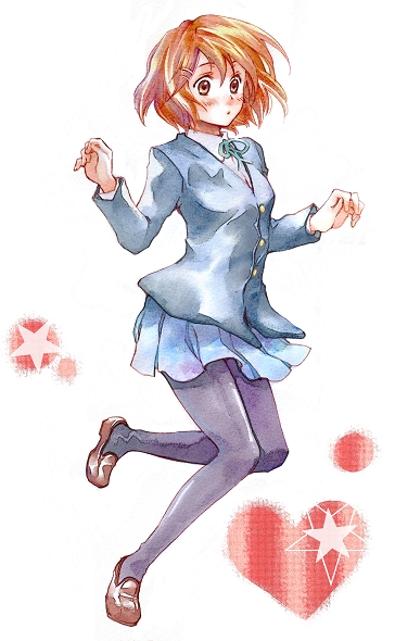 m (pixiv), hirasawa yui, k-on!, bad id, bad pixiv id, 00s, 1girl, blazer, brown eyes, brown hair, female focus, full body, hair ornament, hairclip, heart, jacket, pantyhose, school uniform, simple background, solo