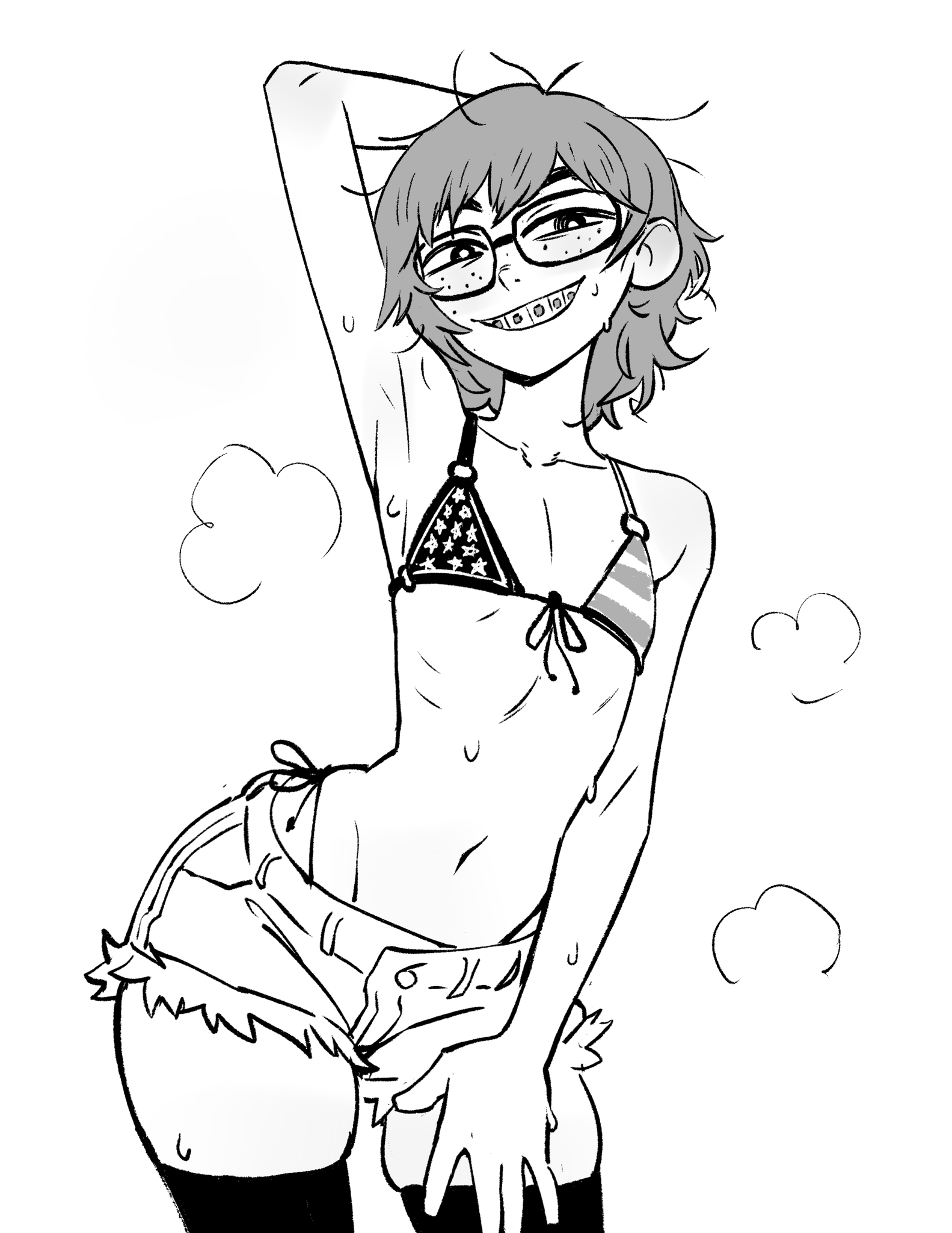 colo (nagrolaz), original, highres, 1girl, american flag, american flag bikini, american flag print, armpits, bikini, black thighhighs, borrowed character, braces, flag print, flag print bikini, flat chest, freckles, glasses, greyscale, jimiko, messy hair, monochrome, neet girl (baalbuddy), print bikini, ribs, short shorts, shorts, simple background, skinny, steam, steaming body, swimsuit, thighhighs, white background