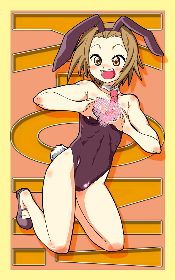 toutaku (artist), tainaka ritsu, k-on!, 00s, 1girl, animal ears, brown eyes, brown hair, fake animal ears, female focus, grin, heart, heart hands, kneeling, necktie, playboy bunny, rabbit ears, ribs, short hair, smile, solo, tomboy