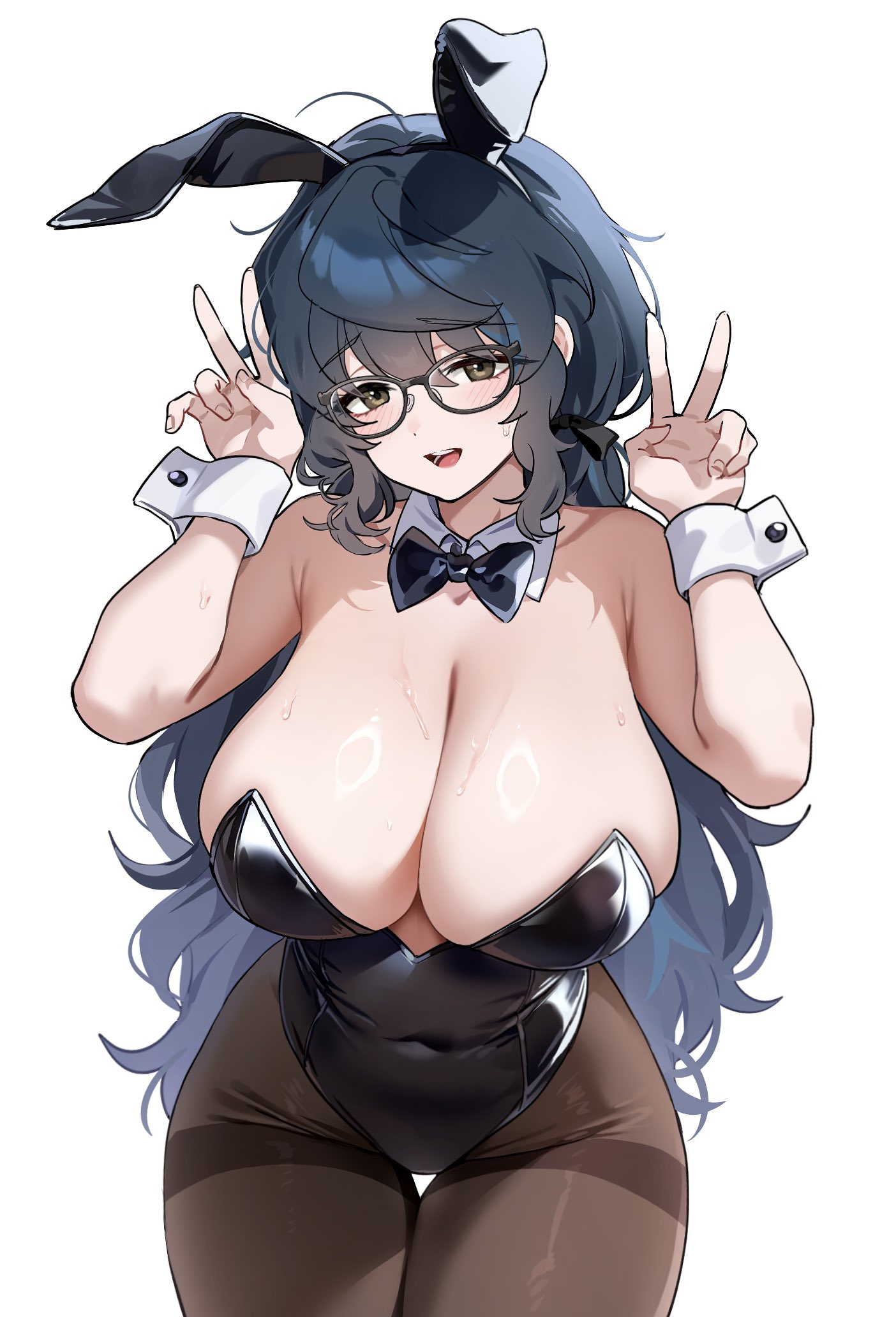 tsmkwa, aoba tsumugi, ensemble stars!, highres, 1girl, animal ears, bare shoulders, black-framed eyewear, black bow, black bowtie, black hair, black leotard, blue hair, blush, bow, bowtie, breasts, brown eyes, brown pantyhose, cleavage, covered navel, cowboy shot, detached collar, double v, fake animal ears, genderswap, genderswap (mtf), glasses, hands up, highleg, highleg leotard, huge breasts, large breasts, leotard, long hair, looking at viewer, multicolored hair, open mouth, pantyhose, playboy bunny, plump, rabbit ears, simple background, smile, solo, strapless, strapless leotard, streaked hair, sweat, thigh gap, thighband pantyhose, v, very long hair, white background, wrist cuffs