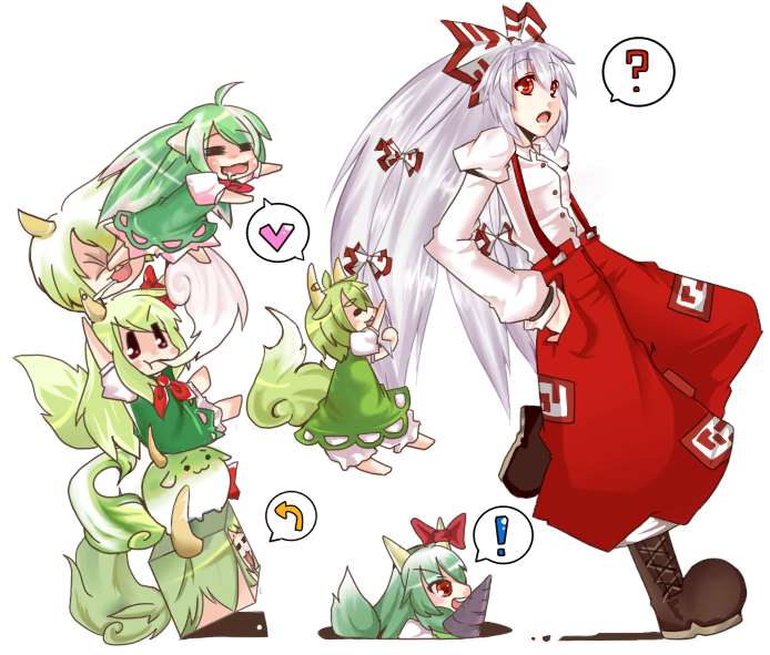 katakura nayuuki, ex-keine, fujiwara no mokou, kamishirasawa keine, sukusuku hakutaku, touhou, silver hair, bad id, bad pixiv id, !, 5girls, :3, ?, chibi, drill, dual persona, female focus, green hair, heart, horns, long hair, multiple girls, red eyes, tail, yukkuri shiteitte ne