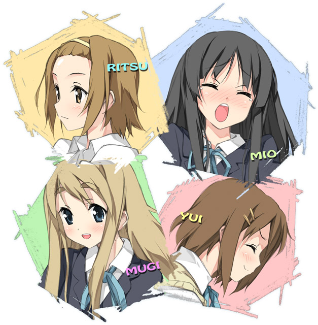 kantoku, akiyama mio, hirasawa yui, kotobuki tsumugi, tainaka ritsu, k-on!, 00s, 4girls, black hair, blush, brown hair, embarrassed, happy, ho-kago tea time, long hair, multiple girls, school uniform, short hair, smile