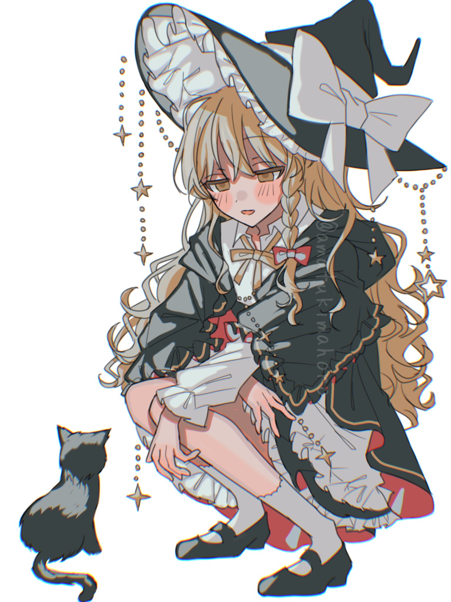 amatukimahoro, kirisame marisa, touhou, commentary request, highres, 1girl, apron, black capelet, black cat, black shoes, black skirt, black vest, blonde hair, blush, braid, capelet, cat, frills, full body, hair ribbon, hat, long hair, long sleeves, looking at animal, parted lips, ribbon, shirt, shoes, skirt, smile, socks, squatting, star (symbol), vest, white background, white shirt, white socks, witch hat, yellow eyes
