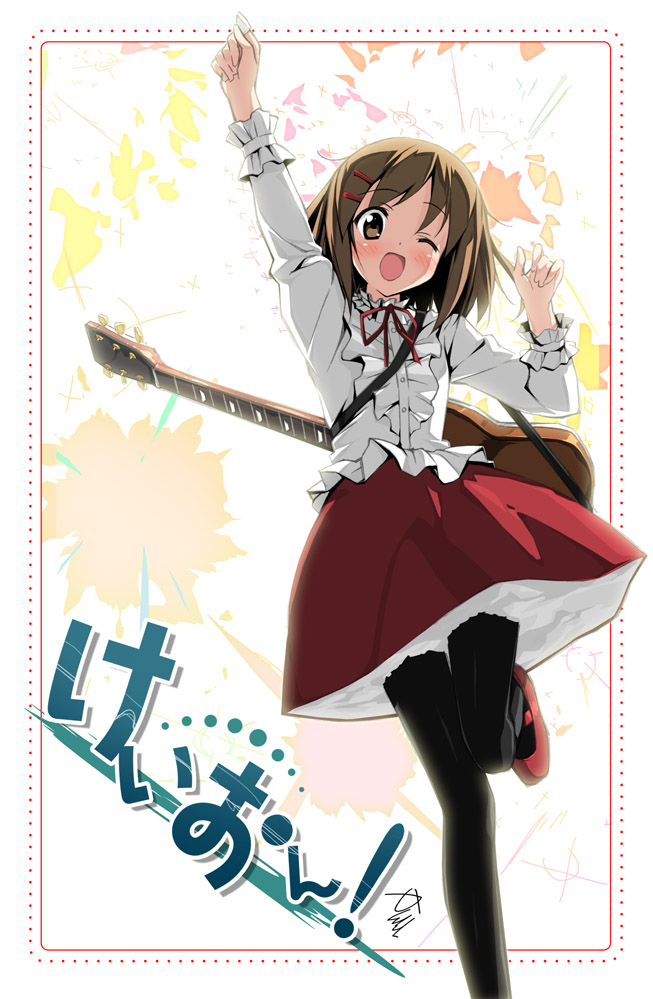 kantoku, hirasawa yui, fuwafuwa time, k-on!, 00s, 1girl, blush, brown eyes, brown hair, dress, female focus, guitar, hair ornament, hairclip, happy, instrument, one eye closed, pantyhose, short hair, solo, wink
