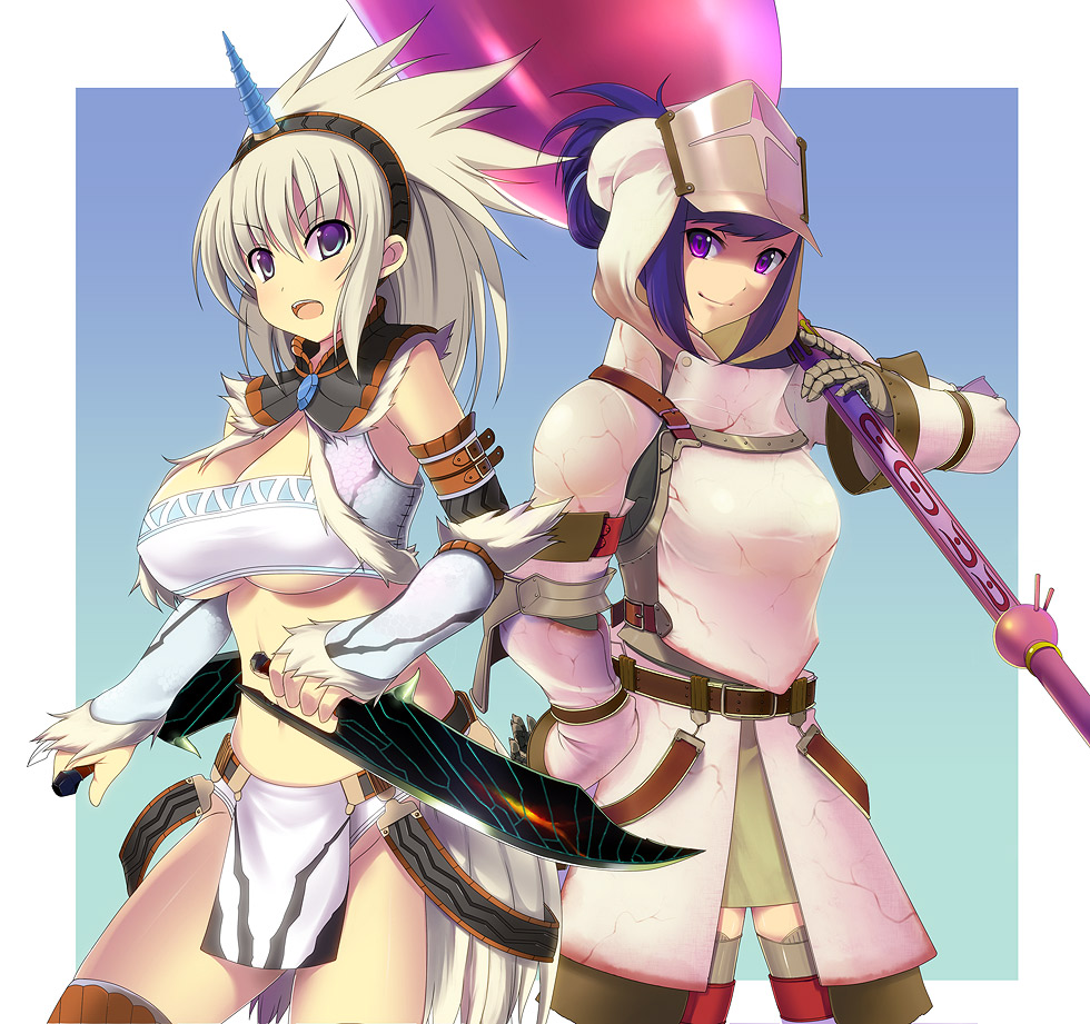 kyoku tou, nekoya (nekoyadia), capcom, monster hunter (series), 2girls, armor, breasts, cleavage, detached sleeves, hairband, helm, helmet, horns, khezu (armor), kirin (armor), knife, large breasts, loincloth, mace, multiple girls, pink eyes, pteruges, purple hair, single horn, smile, strapless, thighhighs, tube top, underboob, weapon, white hair