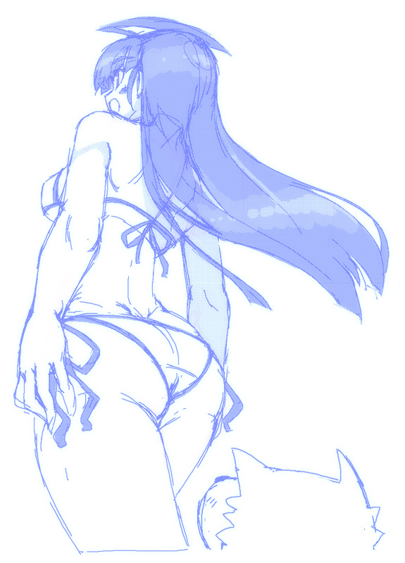 mel/a, ass, back, bikini, dog, long hair, monochrome, pov, side-tie bikini bottom, sketch, solo, swimsuit