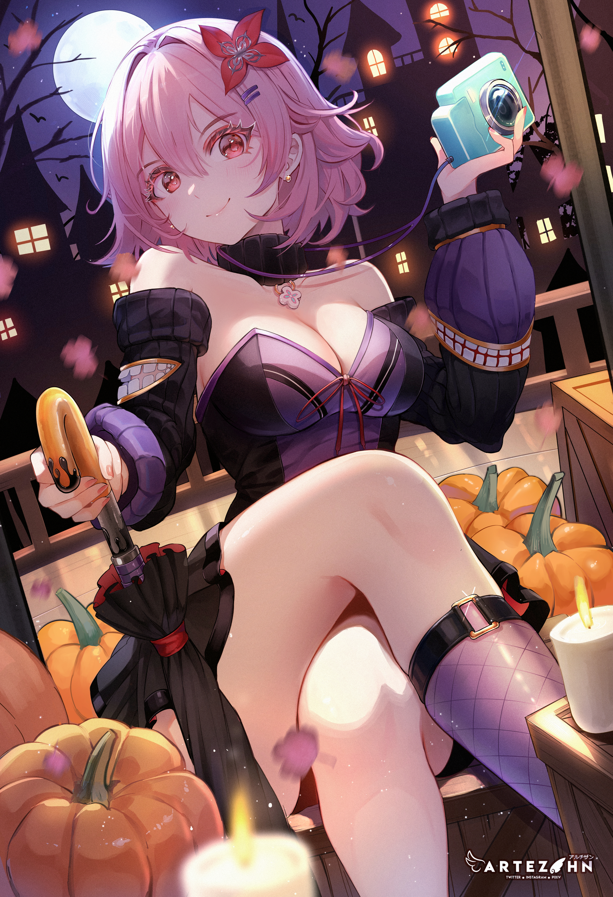 artezahn, evernight (honkai: star rail), march 7th (honkai: star rail), honkai: star rail, honkai (series), absurdres, commentary, english commentary, highres, 1girl, alternate costume, black dress, black sleeves, breasts, buckle, building, camera, candle, cleavage, closed mouth, crossed legs, detached collar, detached sleeves, dress, earrings, fishnets, full moon, halloween, holding, holding camera, holding umbrella, jack-o'-lantern, jewelry, large breasts, looking at viewer, medium breasts, moon, night, night sky, pink hair, pink nails, pumpkin, red eyes, sitting, sky, smile, solo, strapless, strapless dress, thighs, tree, twitter username, umbrella