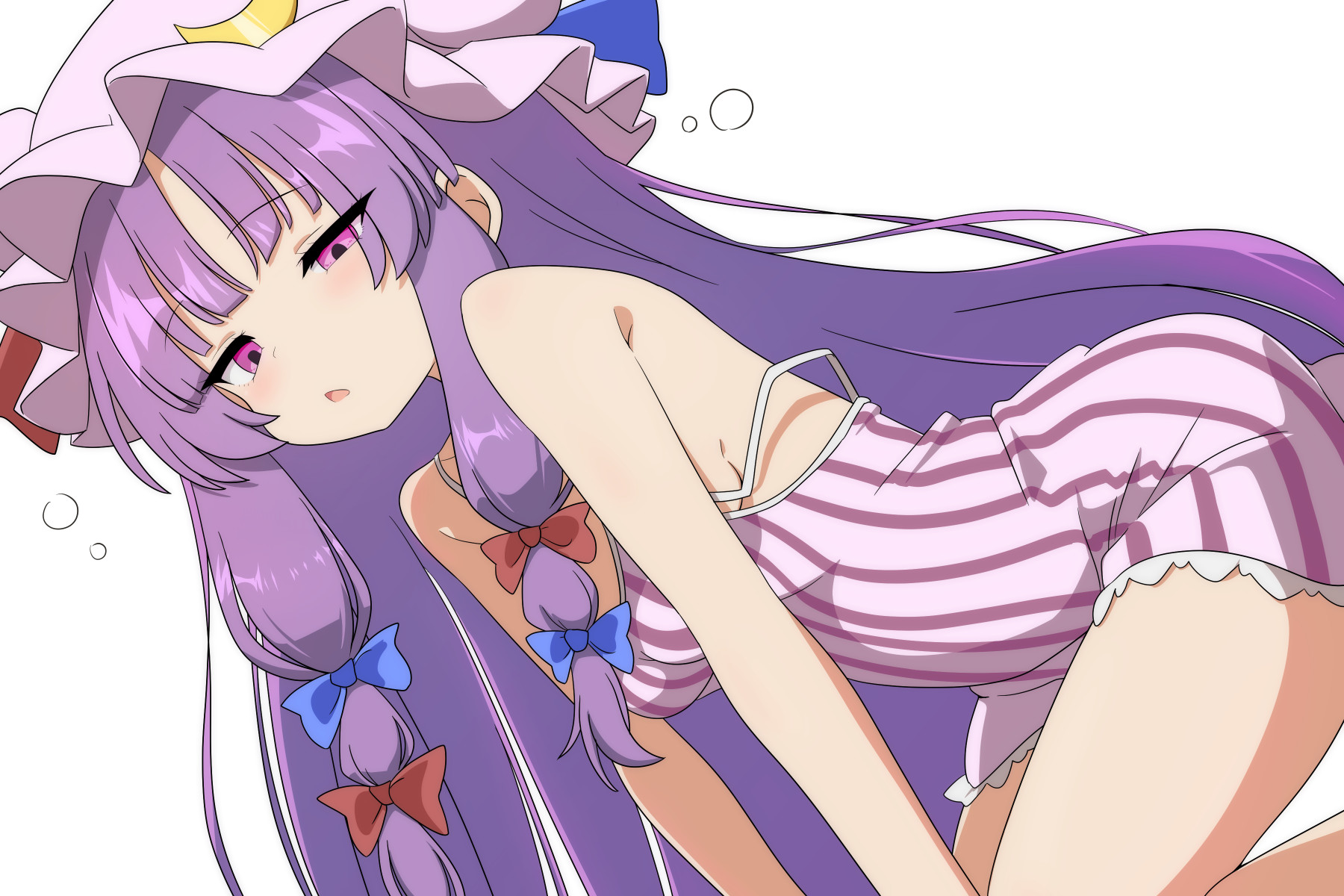 cato (monocatienus), patchouli knowledge, touhou, highres, 1girl, blue bow, bow, crescent, crescent hat ornament, dress, hat, hat ornament, long hair, open mouth, purple eyes, purple hair, purple hat, red bow, solo, striped clothes, striped dress, waking up