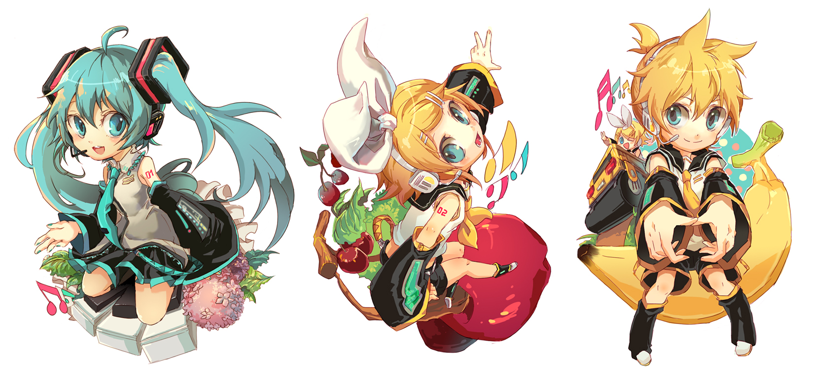 welchino, hatsune miku, kagamine len, kagamine rin, vocaloid, highres, apple, aqua hair, banana, blonde hair, cherry, detached sleeves, food, fruit, ribbon, skirt, steamroller