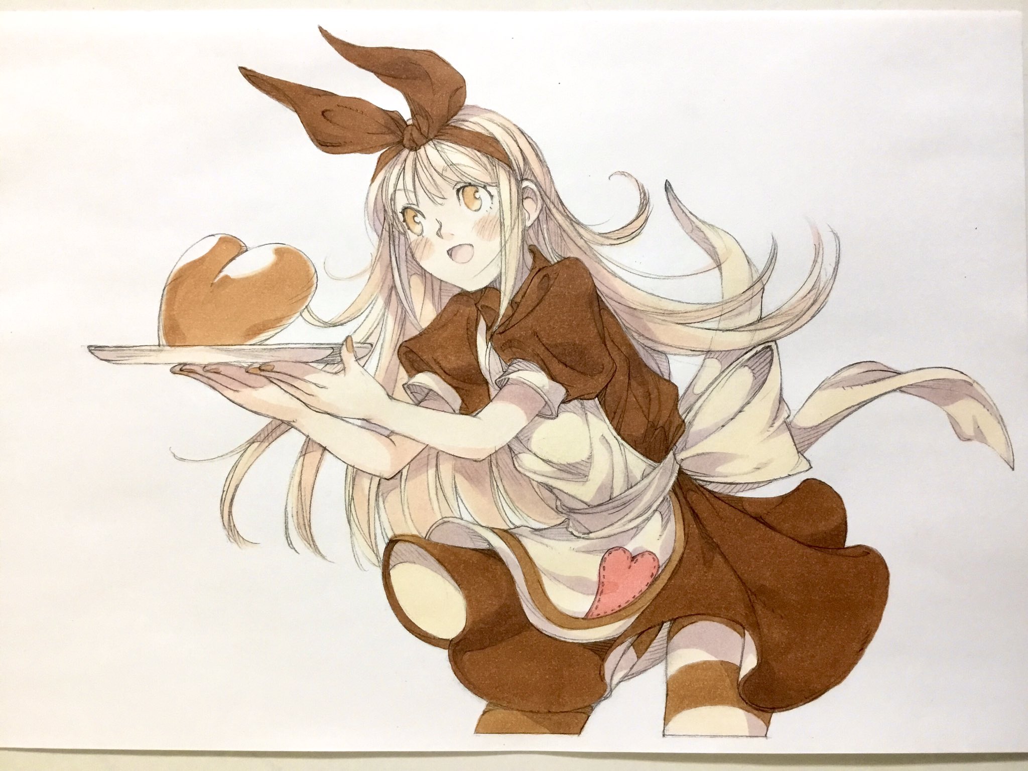 peter salt, original, commentary, highres, traditional media, 1girl, apron, back bow, blonde hair, bow, bow hairband, brown bow, brown dress, brown eyes, brown hairband, brown theme, cropped legs, dress, hairband, heart, heart print, holding, holding tray, leaning forward, long hair, monochrome, open mouth, pantyhose, print apron, puffy short sleeves, puffy sleeves, short sleeves, smile, solo, striped clothes, striped pantyhose, tray, waitress, white apron, white background, white bow