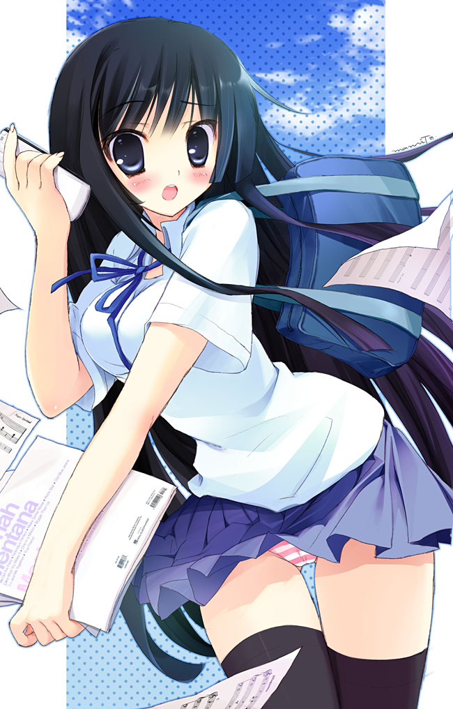 mamita, akiyama mio, k-on!, bad id, bad pixiv id, 00s, 1girl, bag, bass clef, black hair, blue eyes, blush, breasts, cameltoe, cellphone, crotchet rest, female focus, long hair, musical note, panties, pantyshot, phone, quaver, school uniform, sheet music, sky, solo, striped clothes, striped panties, thigh gap, thighhighs, thighs, treble clef, underwear, upskirt, wind, wind lift