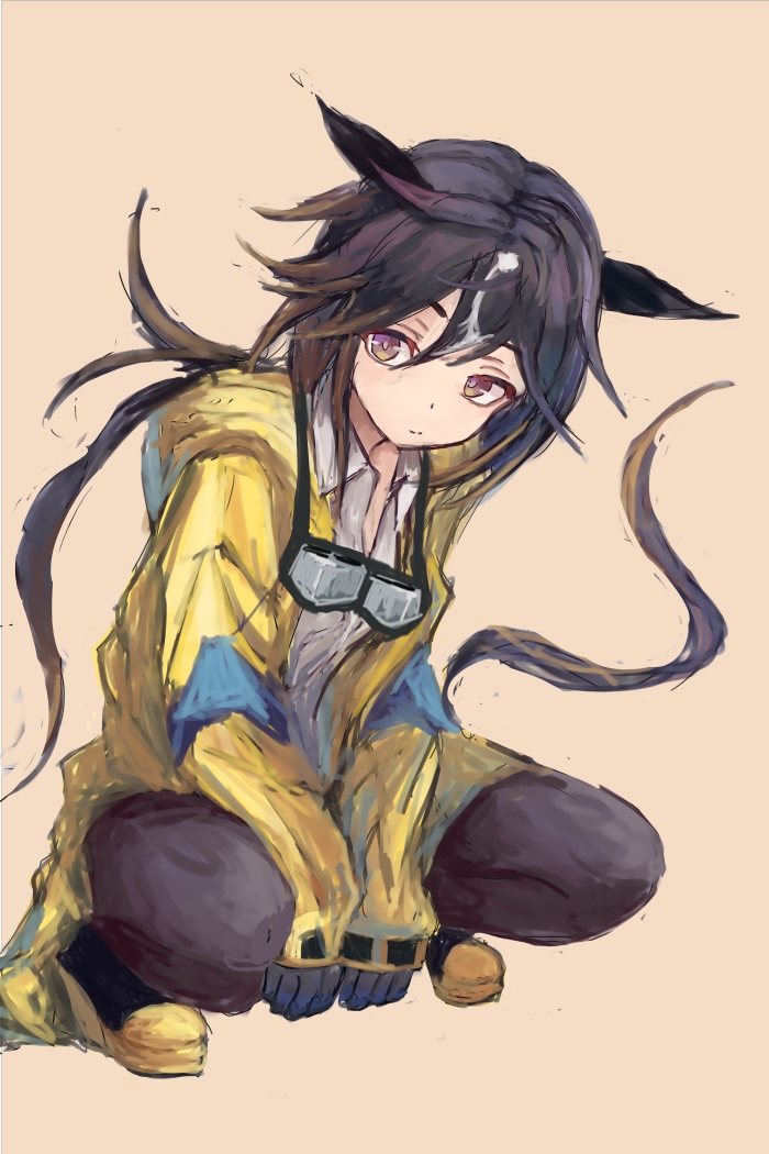yanagi wakana, stay gold (umamusume), umamusume, 1girl, animal ears, black gloves, black pants, brown hair, closed mouth, coat, collared shirt, ear covers, full body, gloves, goggles, goggles around neck, gradient eyes, hair between eyes, horse ears, horse girl, horse tail, long hair, long sleeves, multicolored eyes, multicolored hair, open clothes, open coat, pants, ponytail, purple eyes, shirt, shoes, simple background, solo, squatting, streaked hair, tail, white hair, white shirt, yellow coat