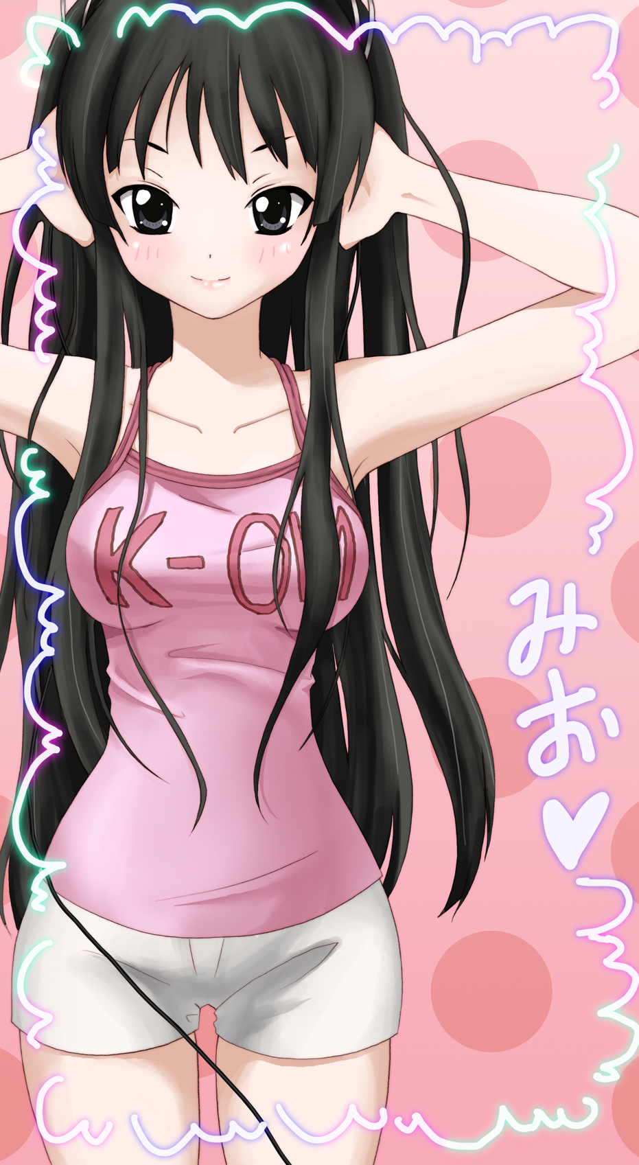 herua, akiyama mio, k-on!, bad id, bad pixiv id, highres, 00s, 1girl, black eyes, black hair, breasts, cable, casual, female focus, long hair, short shorts, shorts, solo
