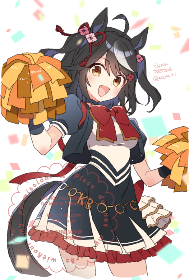 koruri, kitasan black (umamusume), umamusume, 1girl, ahoge, animal ears, black dress, black hair, black jacket, black skirt, blush, breasts, cheerleader, confetti, cropped jacket, dress, hair between eyes, hair ornament, holding, holding pom poms, horse ears, horse girl, horse tail, jacket, looking at viewer, medium breasts, medium hair, multicolored hair, open clothes, open jacket, open mouth, pom pom (cheerleading), pom poms, red eyes, short sleeves, skirt, smile, solo, streaked hair, tail, white dress, white hair