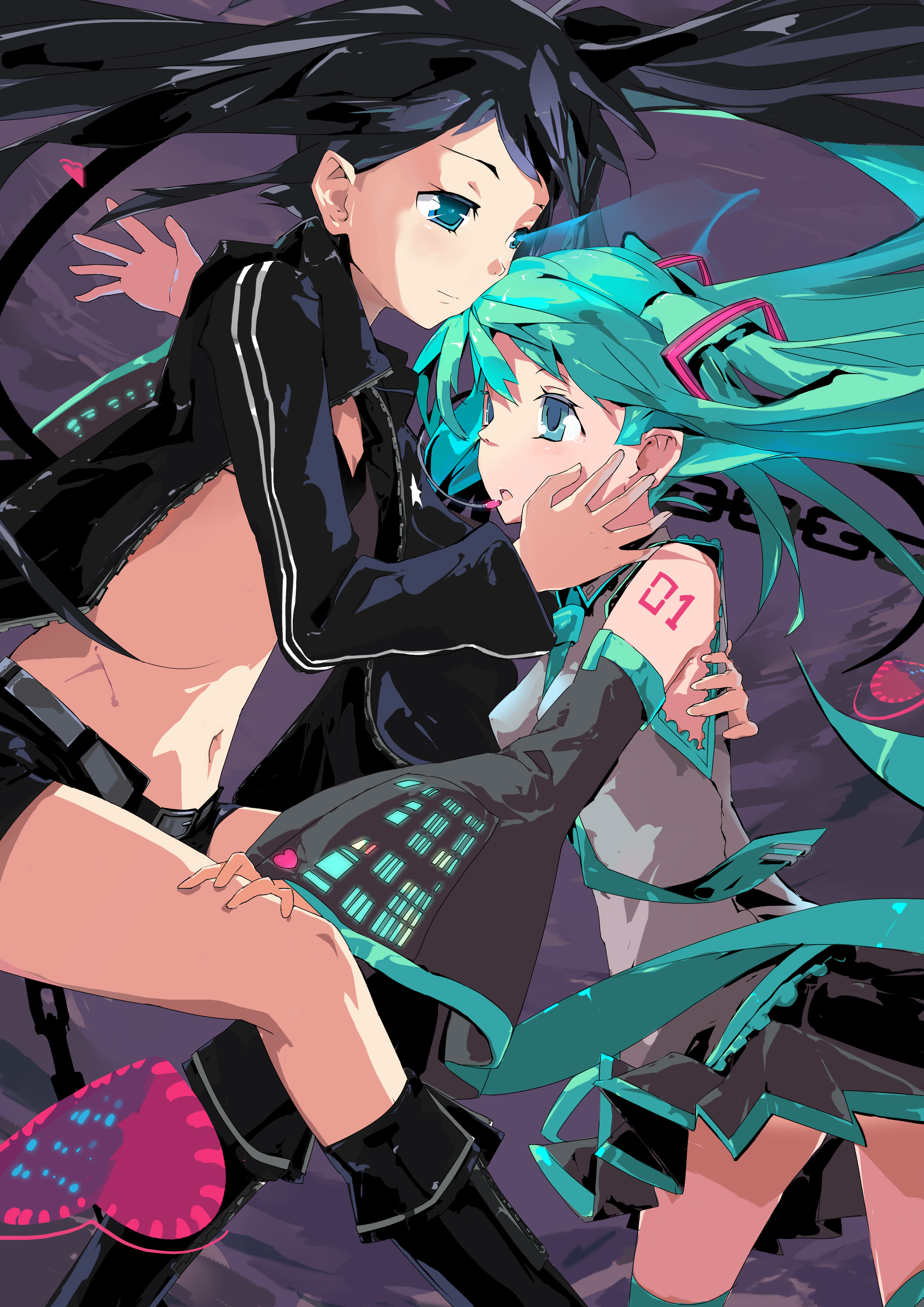 dan evan, black rock shooter (character), hatsune miku, black rock shooter, vocaloid, absurdres, highres, 10s, 2girls, black hair, blue eyes, blue hair, blush, boots, detached sleeves, female focus, hug, legs, long hair, midriff, multiple girls, shorts, skirt, twintails, yuri