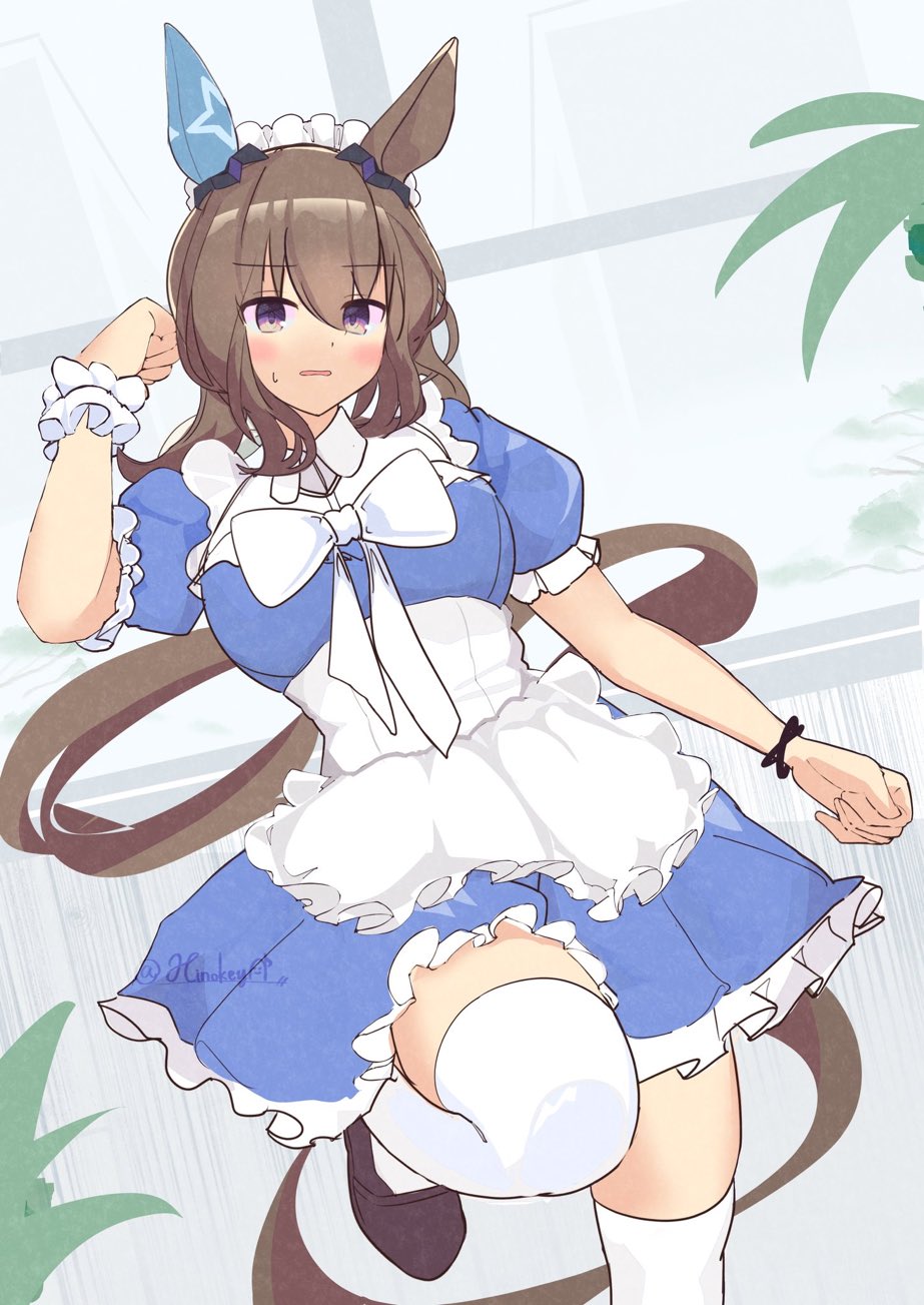 hinokey (hinokey0126), admire vega (umamusume), umamusume, highres, 1girl, animal ears, apron, blue dress, blush, bow, bracelet, breasts, brown hair, dress, ear covers, ear ornament, hair between eyes, horse ears, horse girl, horse tail, jewelry, long hair, looking at viewer, low ponytail, maid, maid apron, medium breasts, open mouth, ponytail, purple eyes, shoes, short sleeves, single ear cover, single wrist cuff, solo, sweatdrop, tail, thighhighs, white apron, white bow, white headdress, white thighhighs, wrist cuffs
