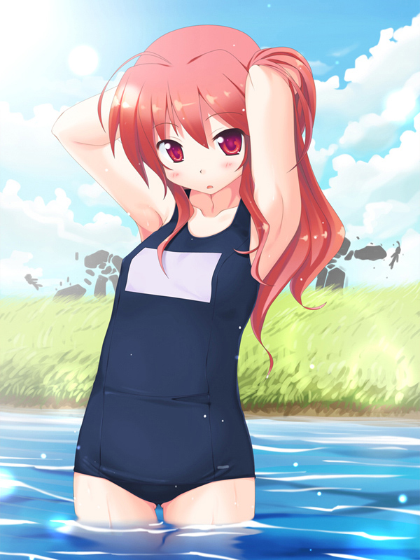 ikujitto, mari gwydion, mabinogi, bad id, bad pixiv id, 1girl, armpits, arms behind head, blush, child, female focus, long hair, one-piece swimsuit, red eyes, red hair, school swimsuit, solo, swimsuit, wading, water, wet