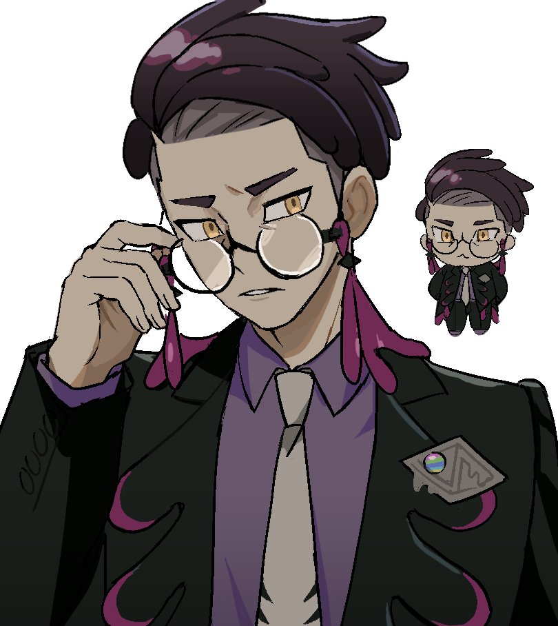 corbeau (pokemon), nintendo, pokemon, pokemon legends: z-a, 1boy, black-framed eyewear, black hair, black jacket, black pants, chibi, closed mouth, collared shirt, eyewear strap, glasses, hands in pockets, jacket, long sleeves, looking at viewer, male focus, mnnsc, necktie, open clothes, open jacket, pants, parted hair, parted lips, purple hair, purple shirt, round eyewear, shirt, short hair, short sideburns, simple background, undercut, white background, white necktie, yellow eyes
