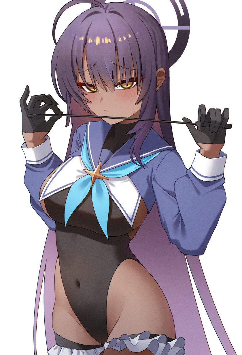noa (noa01010), karin (blue archive), shimiko (blue archive), shimiko (magical) (blue archive), blue archive, highres, 1girl, ahoge, black gloves, blue neckerchief, blue sailor collar, blue shrug, blush, breasts, cosplay, covered navel, dark-skinned female, dark skin, frilled thigh strap, gloves, gradient hair, groin, hair between eyes, halo, holding, holding riding crop, large breasts, looking at viewer, multicolored hair, neckerchief, purple hair, purple halo, riding crop, sailor collar, shimiko (blue archive) (cosplay), shrug (clothing), sideboob, solo, thigh strap, thighs, yellow eyes