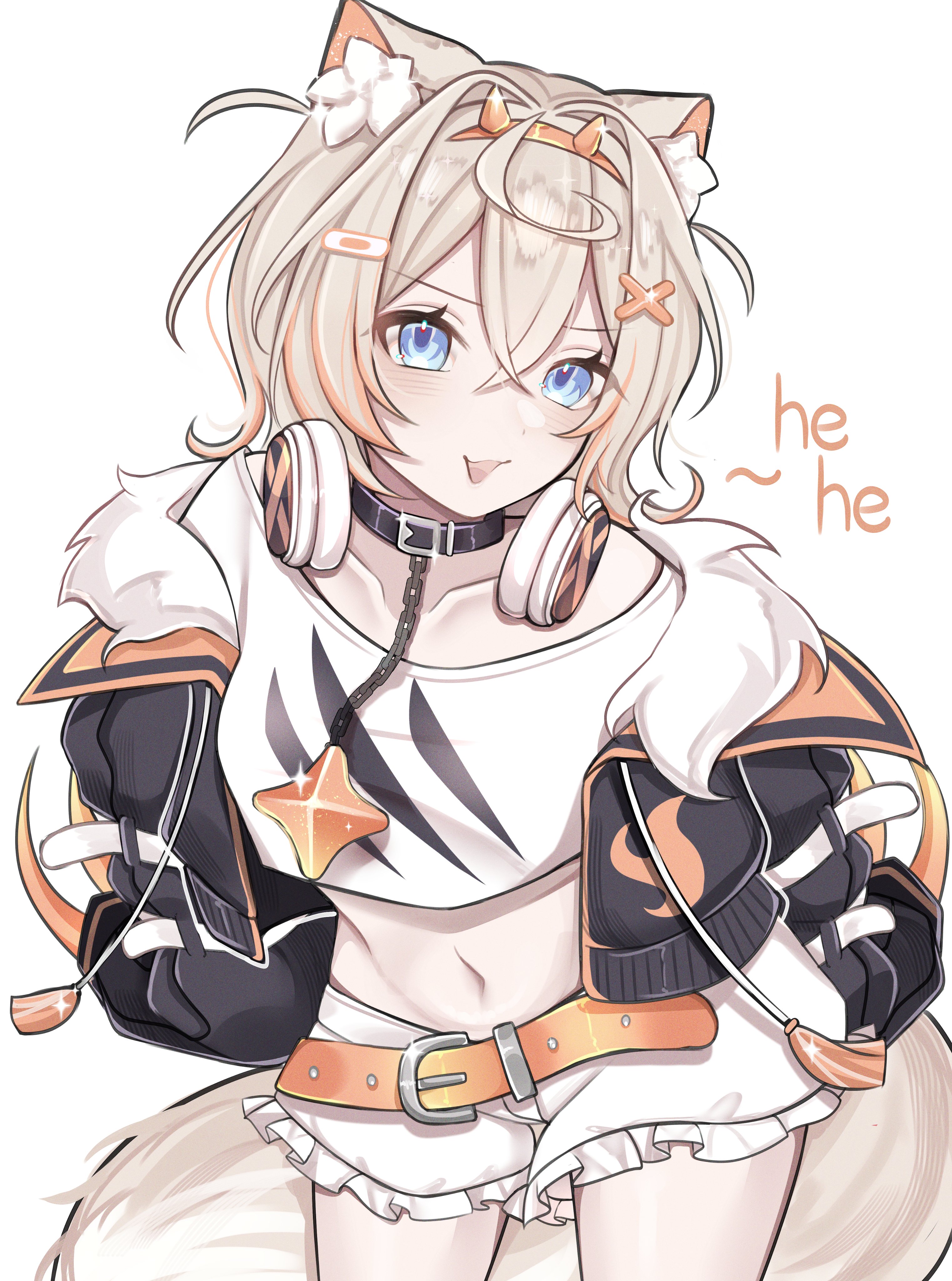 rosheil, mococo abyssgard, hololive, hololive english, absurdres, commentary, english commentary, highres, 1girl, alternate costume, animal ear fluff, animal ears, bandaid, bandaid hair ornament, belt, black collar, black jacket, blonde hair, blue eyes, breasts, collar, collarbone, cowboy shot, cropped shirt, crossed bangs, dog ears, dog girl, dog tail, double-parted bangs, fake horns, frilled shorts, frills, hair between eyes, hair ornament, hairband, horn hairband, horns, jacket, looking at viewer, midriff, multicolored hair, navel, open clothes, open jacket, open mouth, orange belt, orange hairband, orange streaks, shirt, short hair, short shorts, shorts, simple background, small breasts, smile, solo, streaked hair, tail, virtual youtuber, white background, white shirt, white shorts, x hair ornament