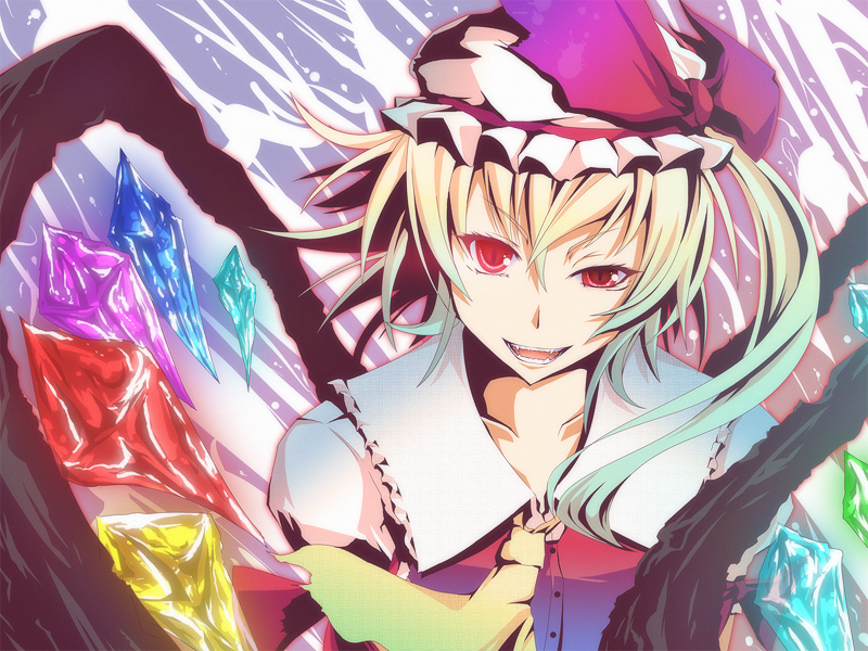 koumei (artist), koumei (harmonizer), flandre scarlet, touhou, 1girl, blonde hair, collared shirt, female focus, hair between eyes, hat, mob cap, ponytail, red eyes, shirt, short hair, short hair with long locks, side ponytail, solo, white hat, wings