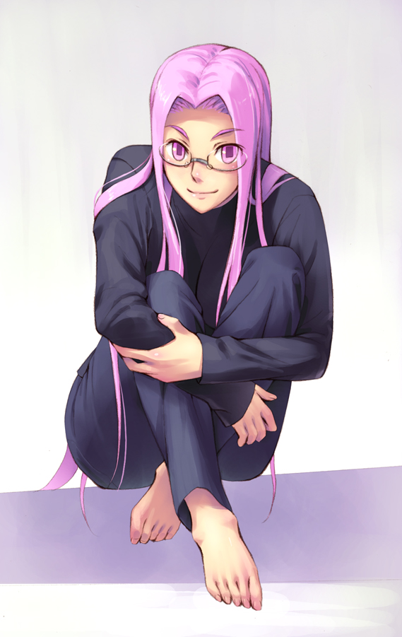 tani, medusa (fate), medusa (rider) (fate), fate/stay night, fate (series), 00s, 1girl, barefoot, denim, feet, female focus, glasses, hugging own legs, jeans, long hair, looking at viewer, pants, pink eyes, pink hair, sitting, smile, solo, square pupils, toes
