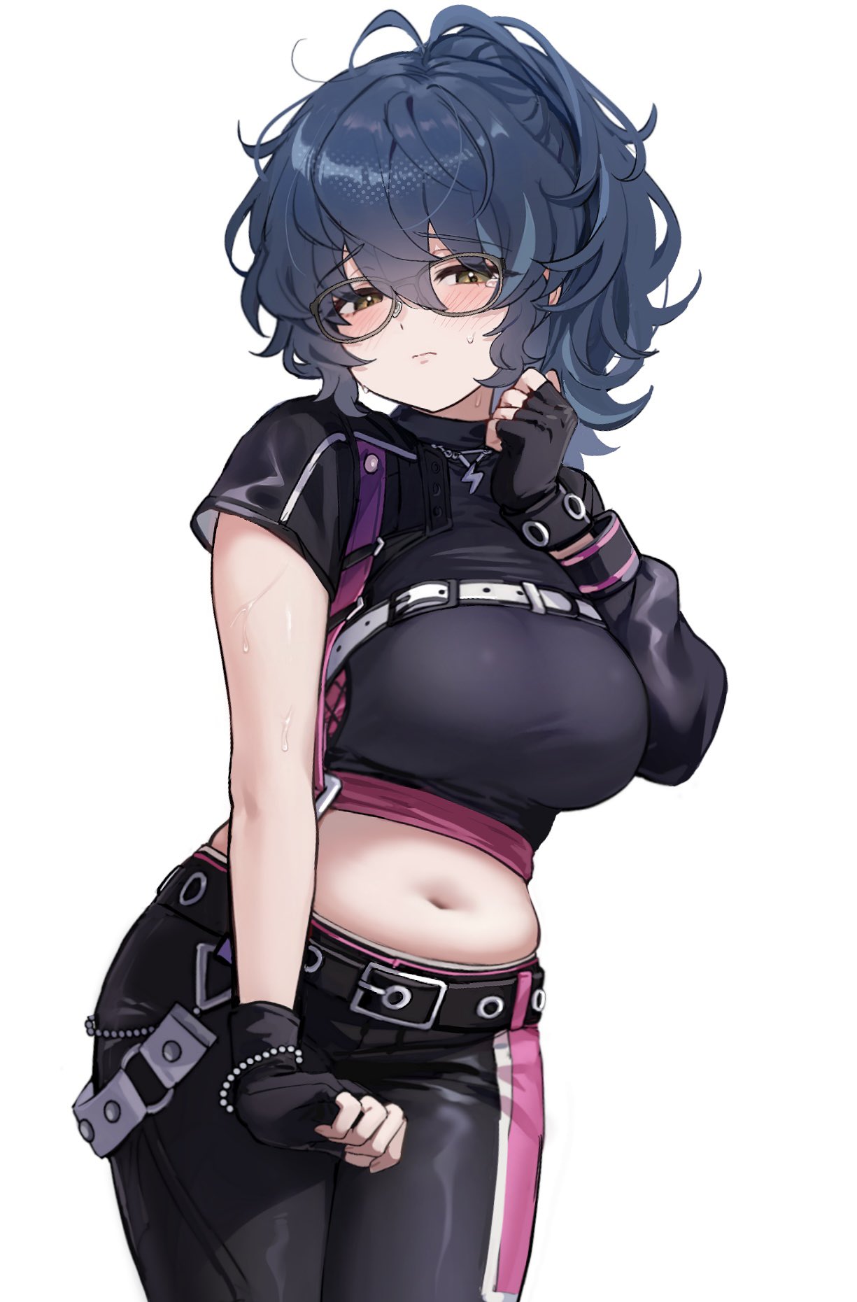 tsmkwa, aoba tsumugi, ensemble stars!, highres, 1girl, asymmetrical sleeves, belt, black gloves, black pants, black shirt, blue hair, blush, bracelet, breasts, chest belt, closed mouth, cowboy shot, crop top, cropped shirt, fingerless gloves, genderswap, genderswap (mtf), glasses, gloves, hair between eyes, hand up, high ponytail, jewelry, large breasts, lightning bolt symbol, looking at viewer, messy hair, midriff, multicolored hair, navel, nervous sweating, pants, plump, ponytail, shirt, short sleeves, simple background, single sleeve, solo, stomach, streaked hair, sweat, tearing up, white background, yellow eyes