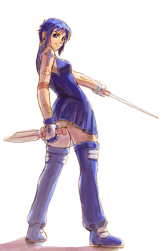 tani, ciel (tsukihime), tsukihime, 00s, 1girl, ass, black keys (type-moon), blue hair, dual wielding, female focus, gloves, holding, knife, looking back, panties, pantyshot, reverse grip, short hair, solo, tattoo, thighhighs, underwear, white panties