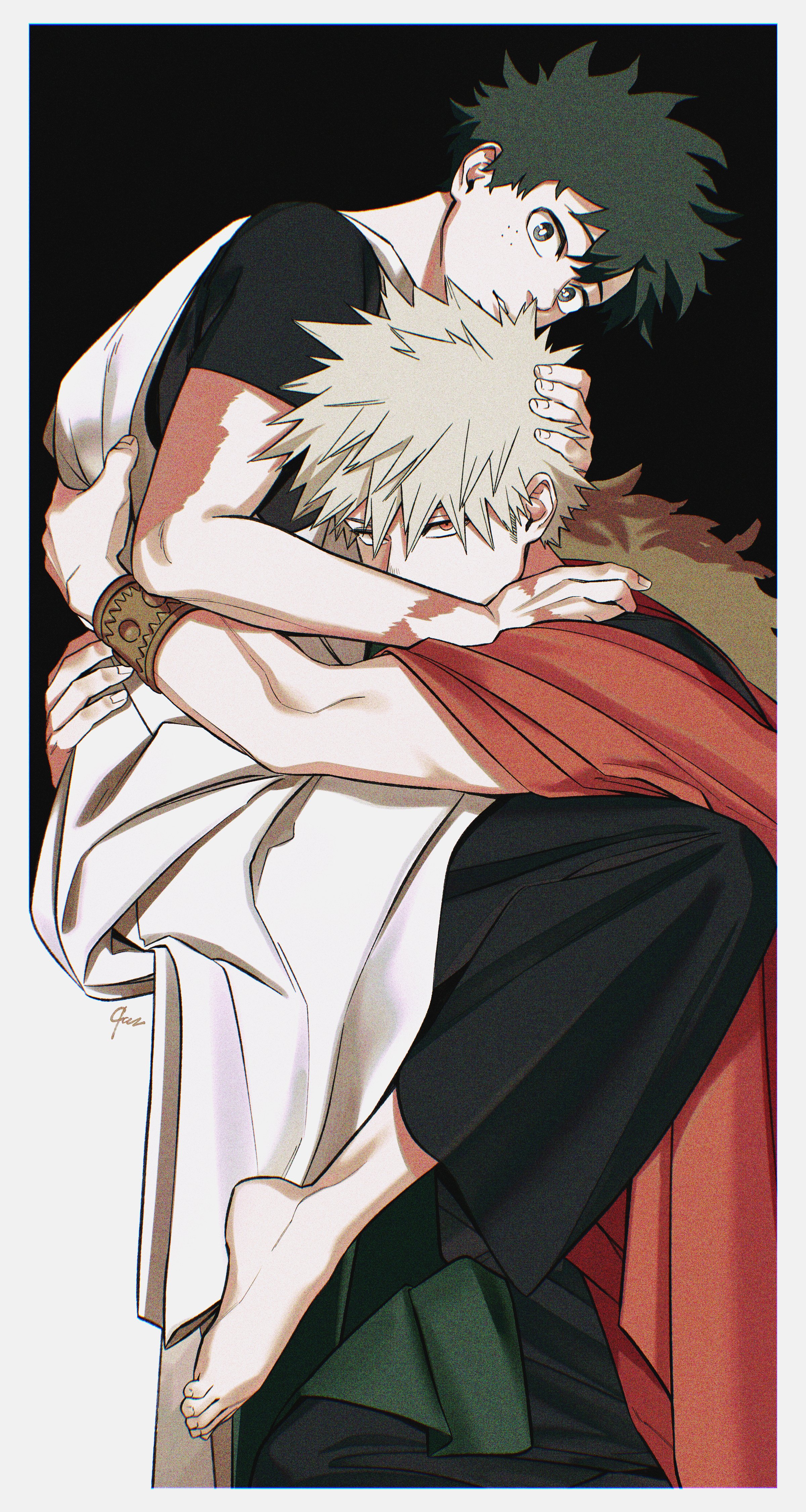 bakugou katsuki, midoriya izuku, boku no hero academia, absurdres, commentary request, highres, 2boys, 9 a zq, alternate costume, barefoot, black background, black shirt, blonde hair, border, fingernails, green eyes, green hair, hand on another's head, hand on another's shoulder, hug, looking at viewer, male focus, multiple boys, red eyes, red robe, robe, shirt, short sleeves, sitting, white border, white robe, yaoi