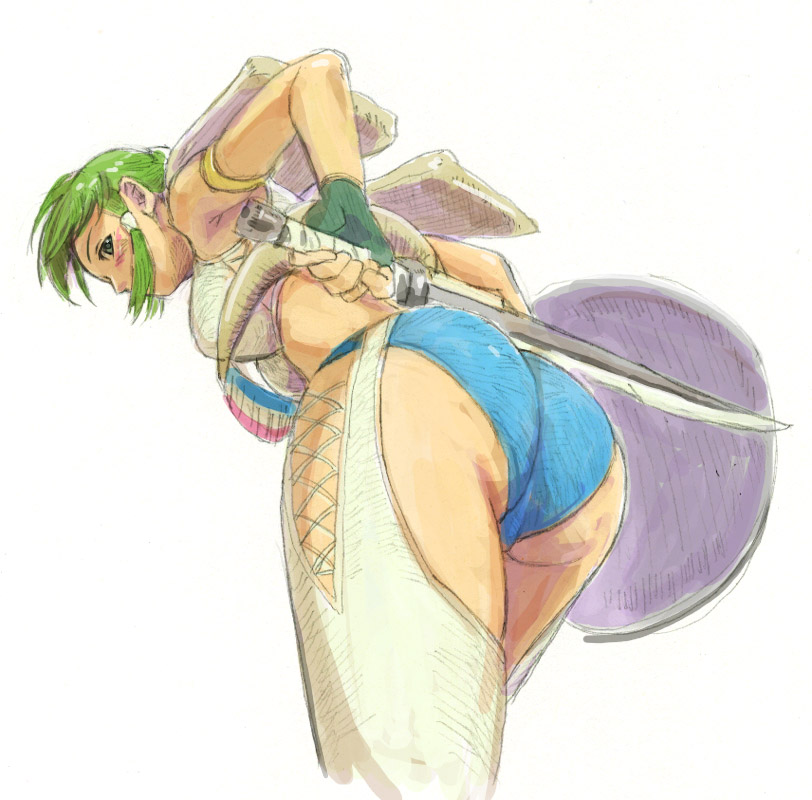 tani, capcom, monster hunter (series), 1girl, ass, ass focus, bent over, blush, bone armor (monster hunter), chaps, female focus, fingerless gloves, gloves, green hair, knife, looking back, shield, simple background, solo