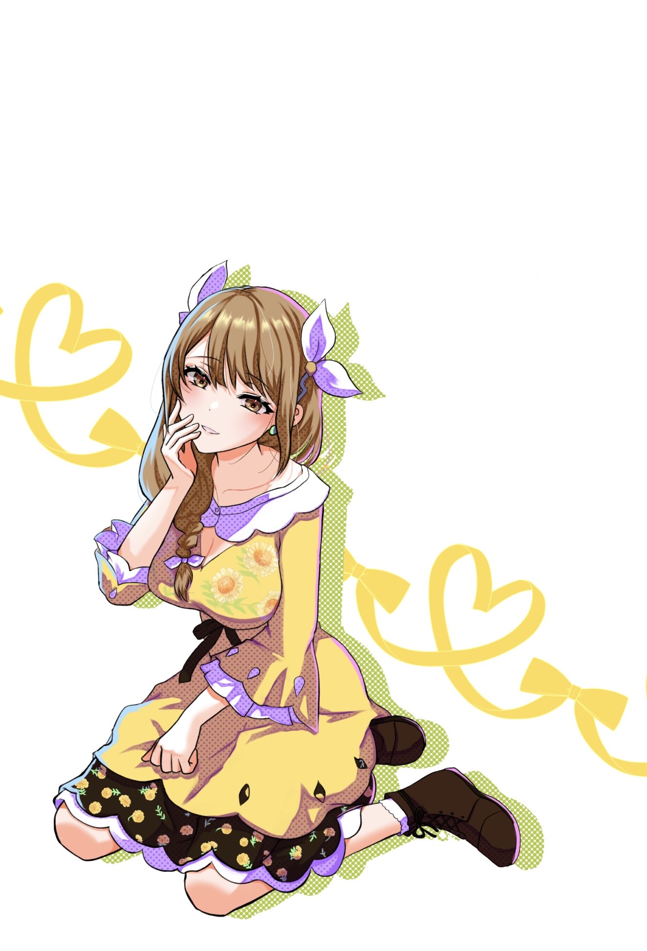 mu tu bu, goldmary (fire emblem), fire emblem, fire emblem engage, nintendo, commentary, highres, 1girl, black boots, boots, breasts, brown eyes, brown hair, cleavage, collarbone, dress, full body, hair ribbon, kneeling, large breasts, long hair, long sleeves, looking at viewer, ribbon, smile, socks, solo, white background, white ribbon, white socks, yellow dress