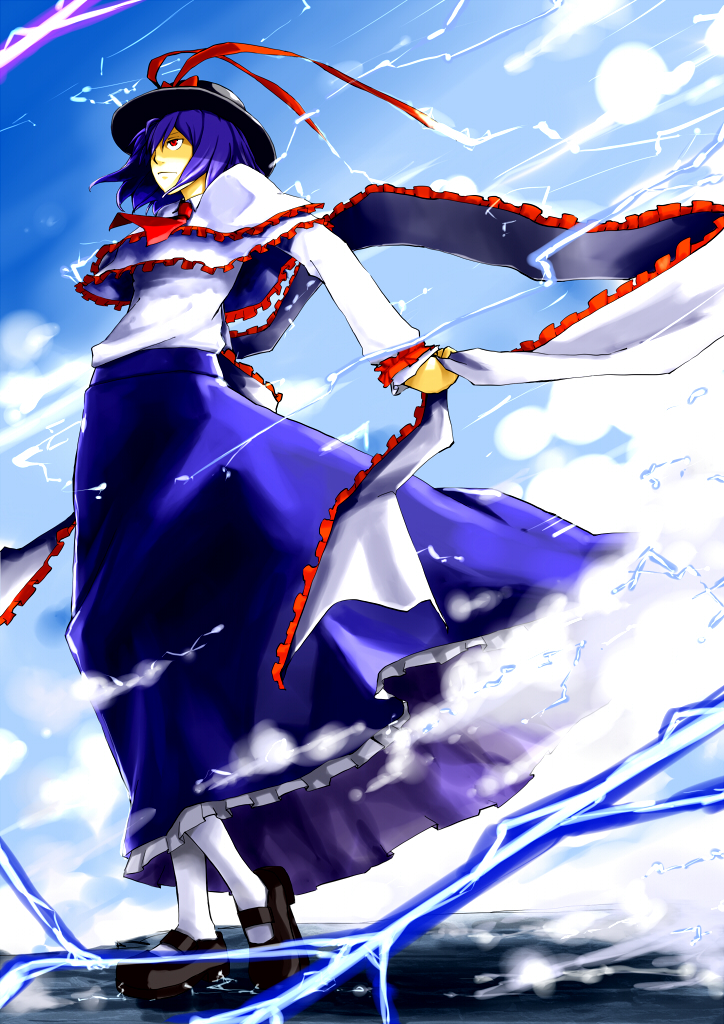 holysnow, nagae iku, touhou, 1girl, blue hair, cloud, female focus, full body, hat, outdoors, red eyes, short hair, sky, solo, standing