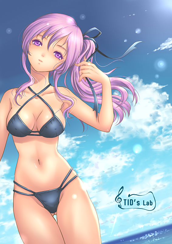tidsean, original, bad id, bad pixiv id, 1girl, bikini, black bikini, cloud, day, dutch angle, female focus, head tilt, long hair, purple eyes, purple hair, side ponytail, solo, swimsuit