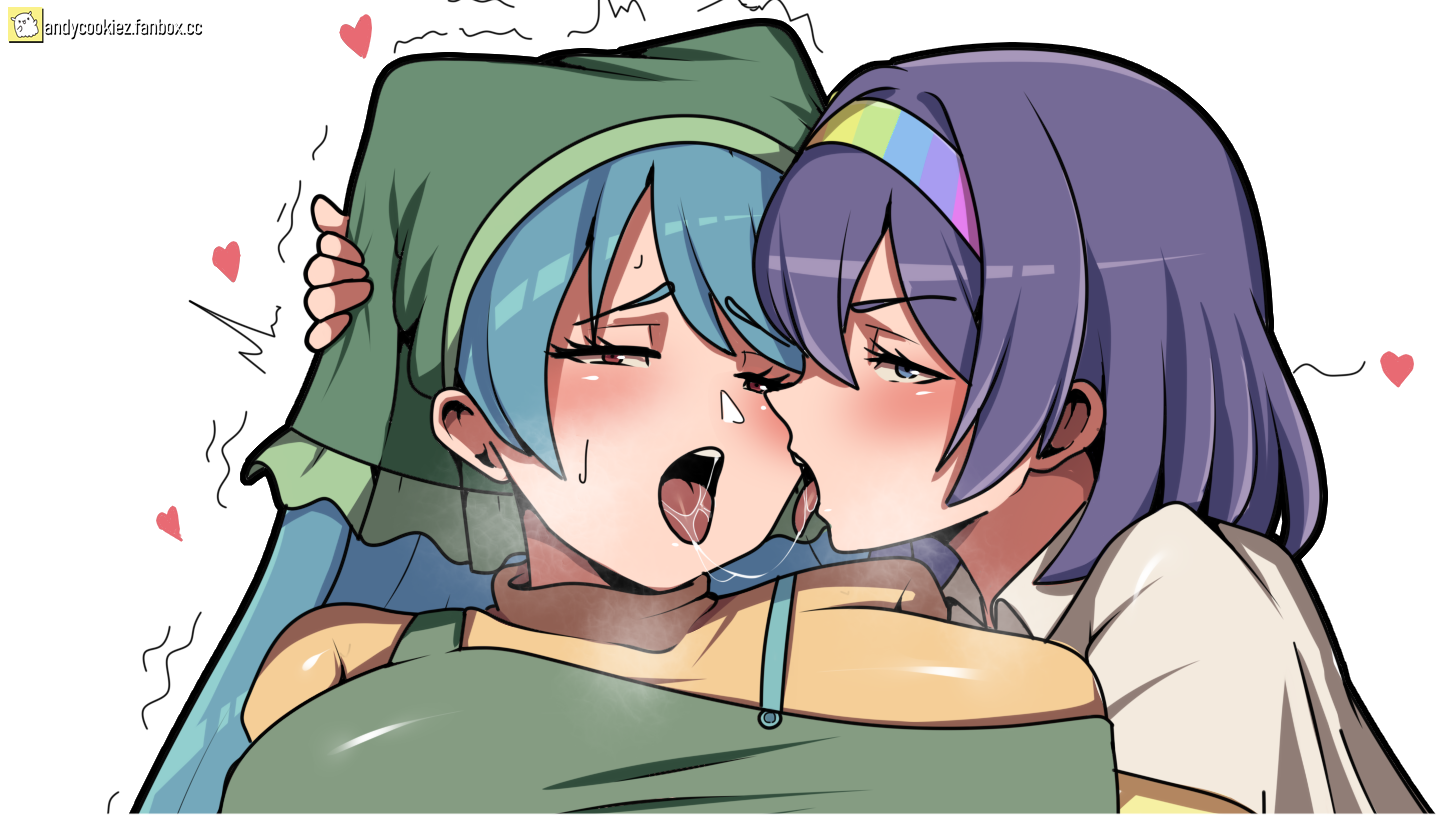 andycookiez, haniyasushin keiki, tenkyuu chimata, touhou, blue hair, breasts, french kiss, kiss, long hair, looking at viewer, purple eyes, purple hair, red eyes, saliva, saliva trail, short hair, tongue, tongue out, white background, yuri