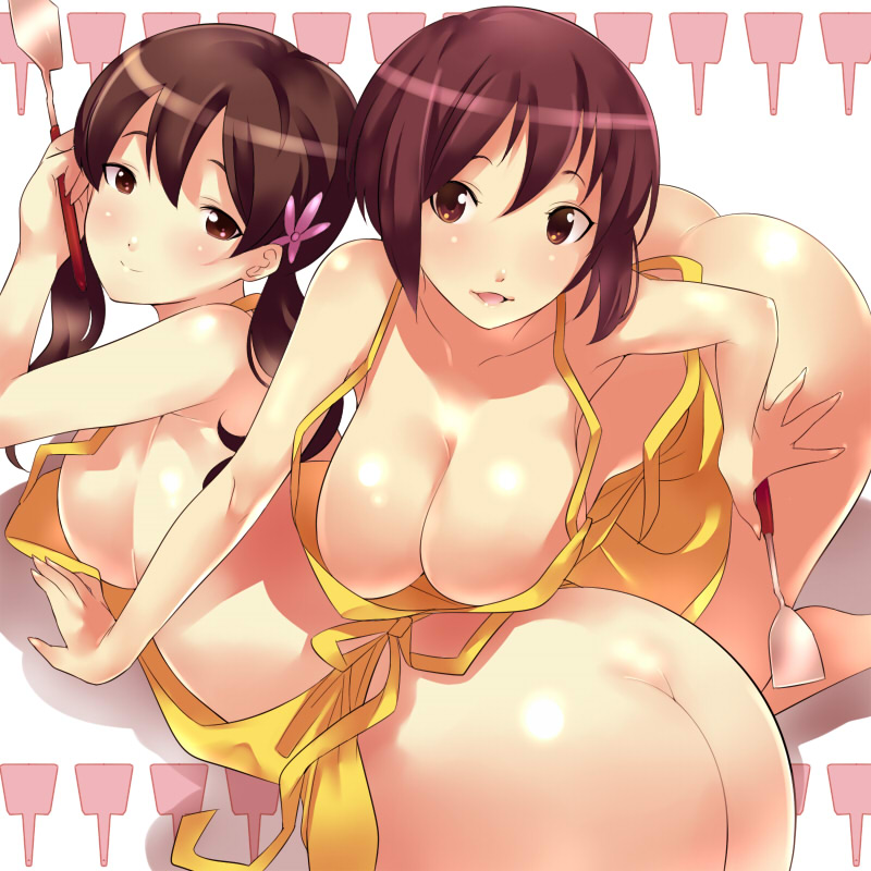 yoshiron, kimura fumie, namayake girls, k-on!, extra, bad id, bad pixiv id, 00s, 2girls, all fours, apron, ass, bare shoulders, breasts, brown hair, butt crack, cleavage, curvy, flower, hair flower, hair ornament, large breasts, long hair, multiple girls, naked apron, no panties, short hair, spatula, twintails
