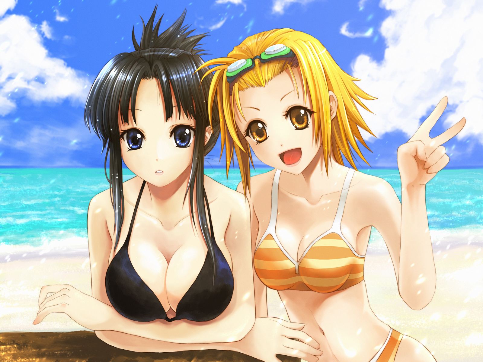 les, akiyama mio, tainaka ritsu, k-on!, highres, 00s, 2girls, beach, bikini, black hair, blonde hair, blue eyes, breasts, brown eyes, brown hair, cleavage, day, goggles, large breasts, long hair, multiple girls, navel, ocean, open mouth, outdoors, short hair, smile, striped bikini, striped clothes, swimsuit, tomboy, v, yellow eyes
