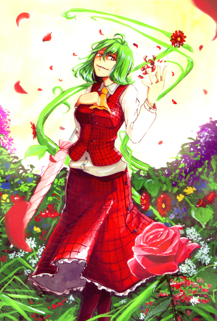 holysnow, kazami yuuka, touhou, 1girl, ascot, breasts, closed umbrella, female focus, field, flower, flower field, green hair, large breasts, nature, outdoors, petals, plaid clothes, plaid skirt, plaid vest, plant, red eyes, red flower, red rose, rose, shaded face, short hair, skirt, skirt set, sky, solo, umbrella, vest