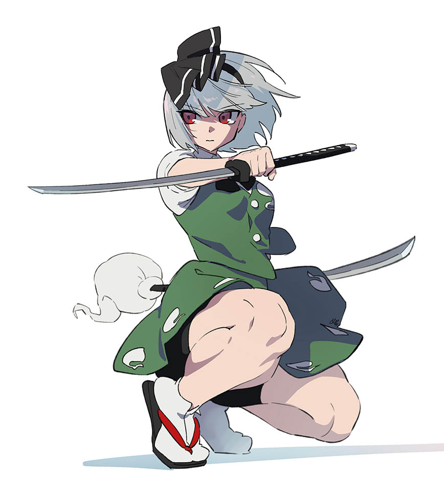 futoumeido, konpaku youmu, touhou, commentary request, 1girl, black shorts, closed mouth, dual wielding, expressionless, full body, green skirt, green vest, hairband, holding, holding sword, holding weapon, legs, medium hair, red eyes, sandals, shirt, short sleeves, shorts, skirt, socks, solo, squatting, sword, thighs, vest, weapon, white background, white hair, white shirt, white socks