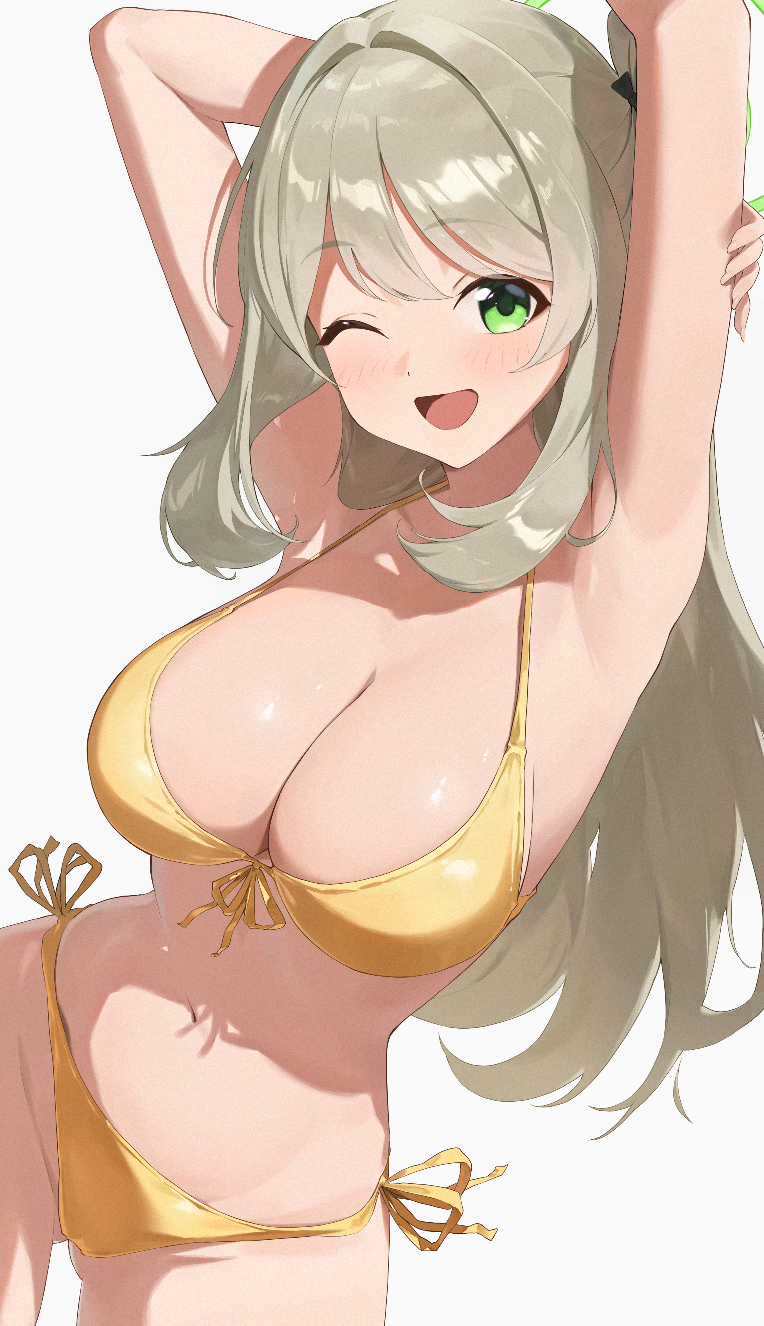 chiisamekai, nonomi (blue archive), nonomi (swimsuit) (blue archive), blue archive, absurdres, highres, 1girl, arm up, bikini, blonde hair, blush, breasts, cleavage, collarbone, front-tie bikini top, front-tie top, gluteal fold, green eyes, green halo, groin, hair between eyes, hair bun, halo, holding own arm, large breasts, long hair, looking at viewer, navel, one eye closed, open mouth, side-tie bikini bottom, single side bun, smile, solo, swimsuit, thighs, yellow bikini