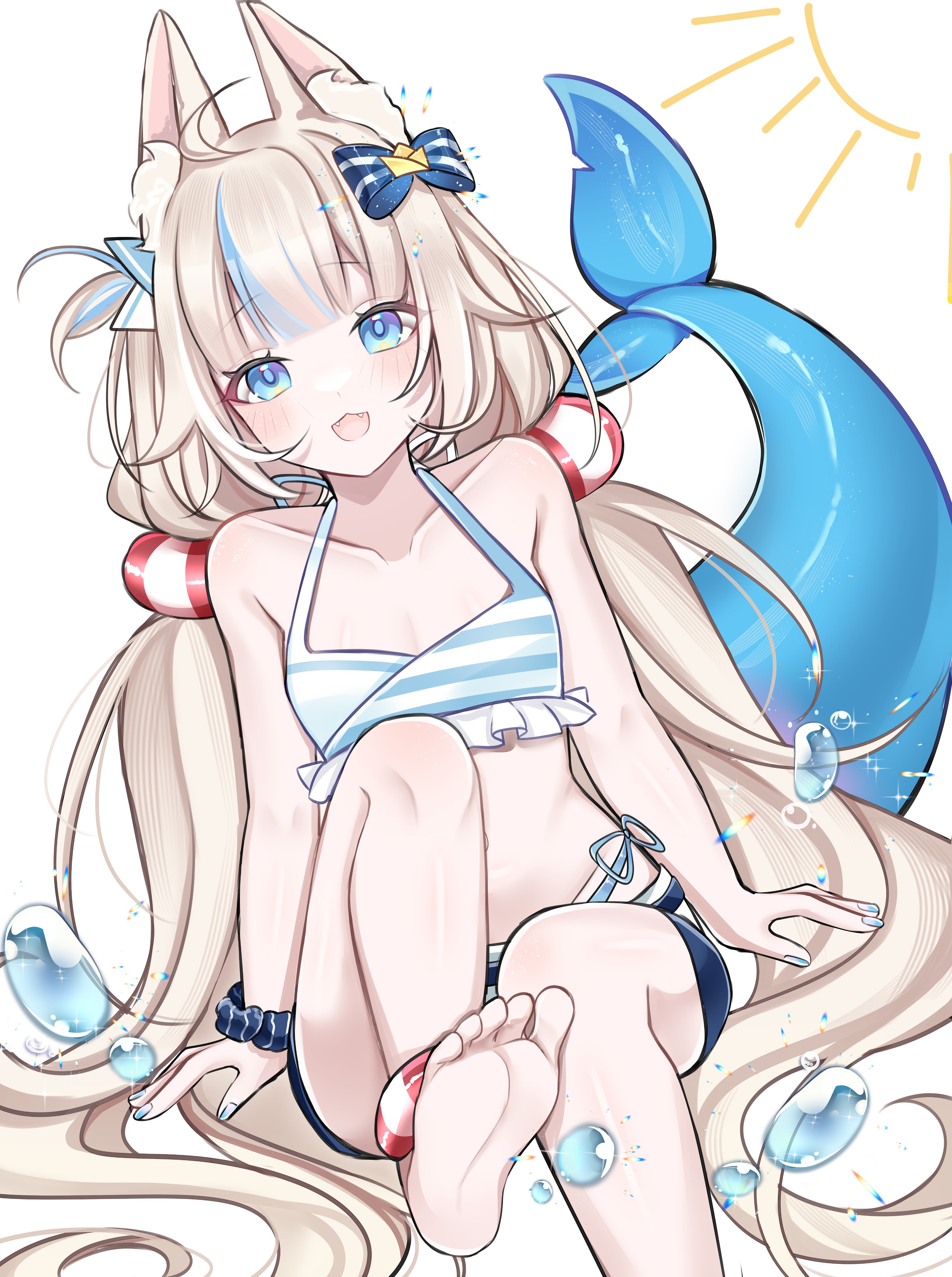 rosheil, sameko saba, indie virtual youtuber, absurdres, commentary, highres, 1girl, ahoge, animal ear fluff, animal ears, barefoot, bikini, blonde hair, blue bikini, blue eyes, blue nails, blue streaks, blunt bangs, blush, cat ears, collarbone, feet, fingernails, fins, fish girl, fish tail, flat chest, foot out of frame, lifebuoy hair ornament, long hair, looking at viewer, low twintails, multicolored hair, nail polish, one side up, open mouth, simple background, sitting, smile, soles, solo, streaked hair, striped bikini, striped clothes, sun, swimsuit, tail, toes, twintails, very long hair, virtual youtuber, white background